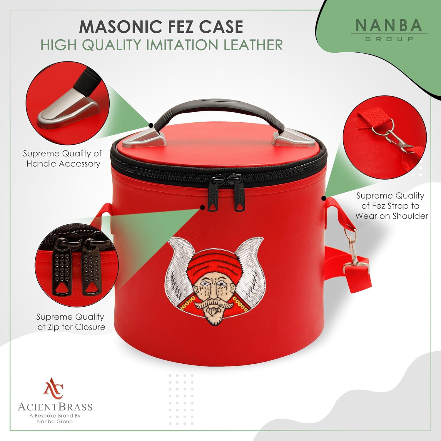 ANCIENTBRASS Deluxe Masonic Grotto Hand Embroidered Fez Case Purple – Imitation Leather Fez Cap Storage & Protection for Freemasons – Travel-Friendly Multi-Colour Options (RED)