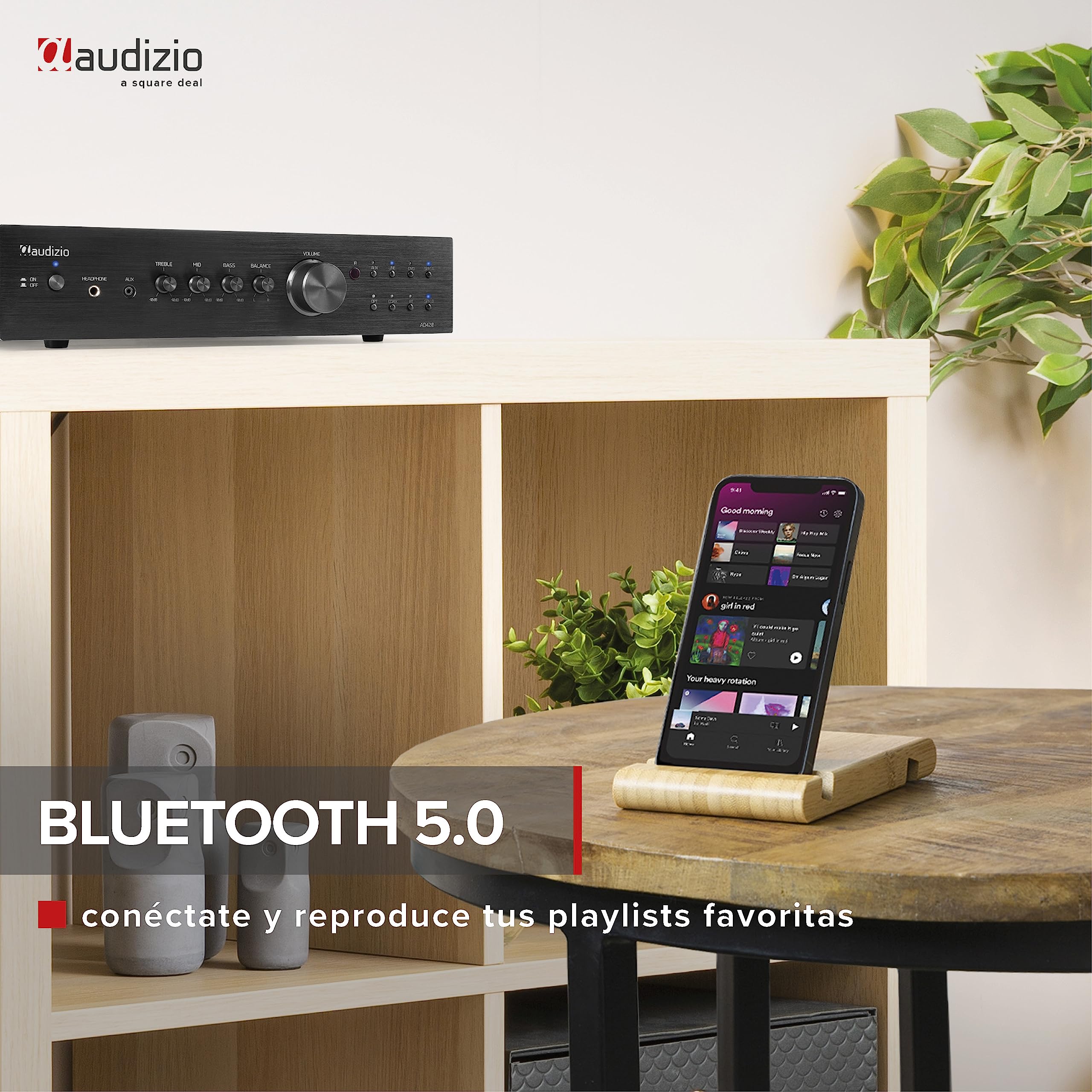 Audizio AD420B Amplificador Hi-FI de 400w (4 Canales x 100w) y Bluetooth, 1 Salida subwoofer, Salida óptica y coaxial, 2 Salidas de Altavoz, MP3, EQ, Ideal para Escuchar tu música, Color Negro