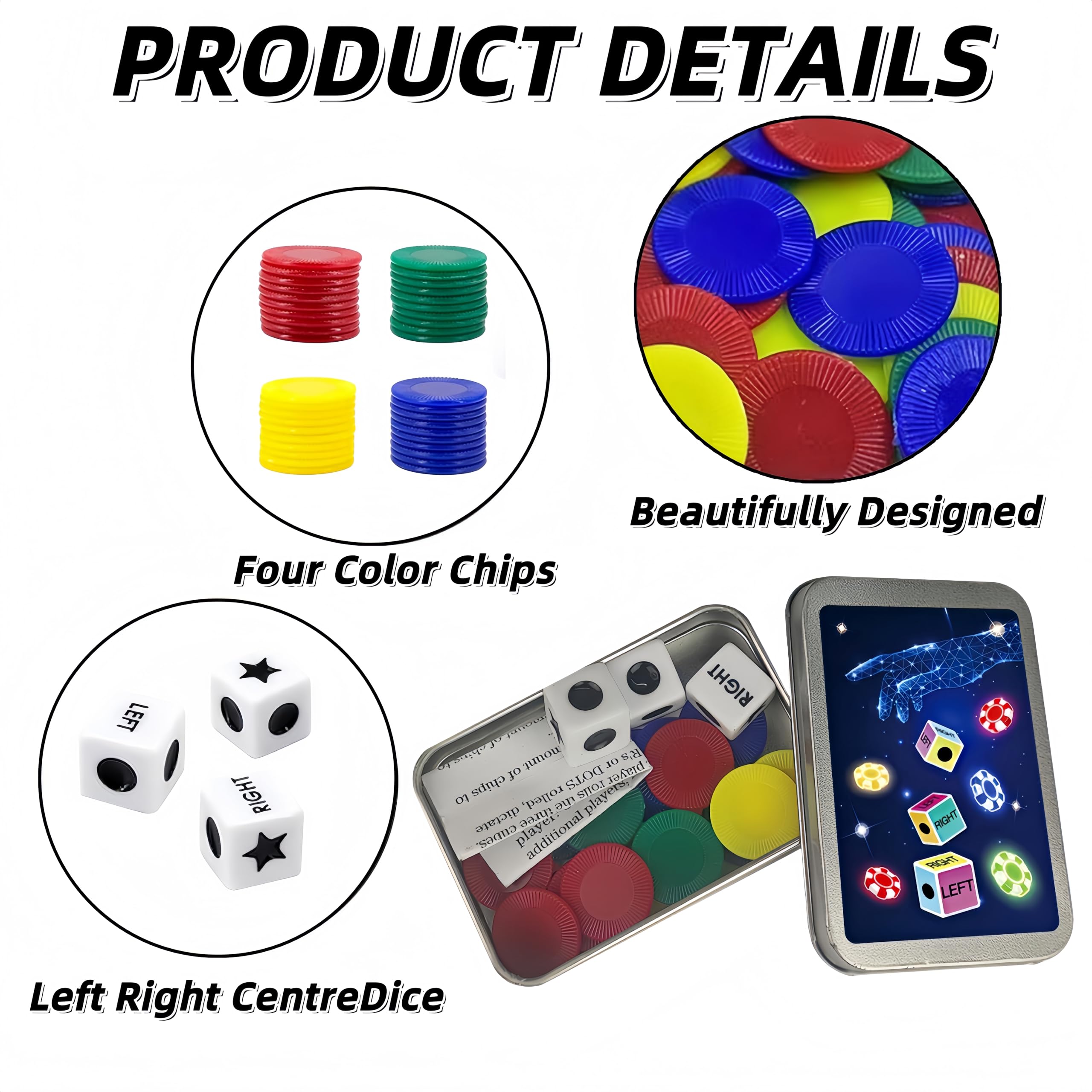 HONGLINSONG Left Right Centre Dice Game, Funny Dice Games with 3 Dices + 24 Colorful Chips - Image 3