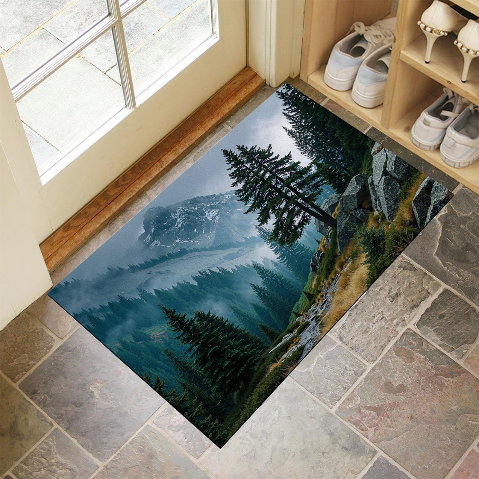 Paillasson tapis cuisine devant evier anti-saleté motif forêt de sapins brumeux