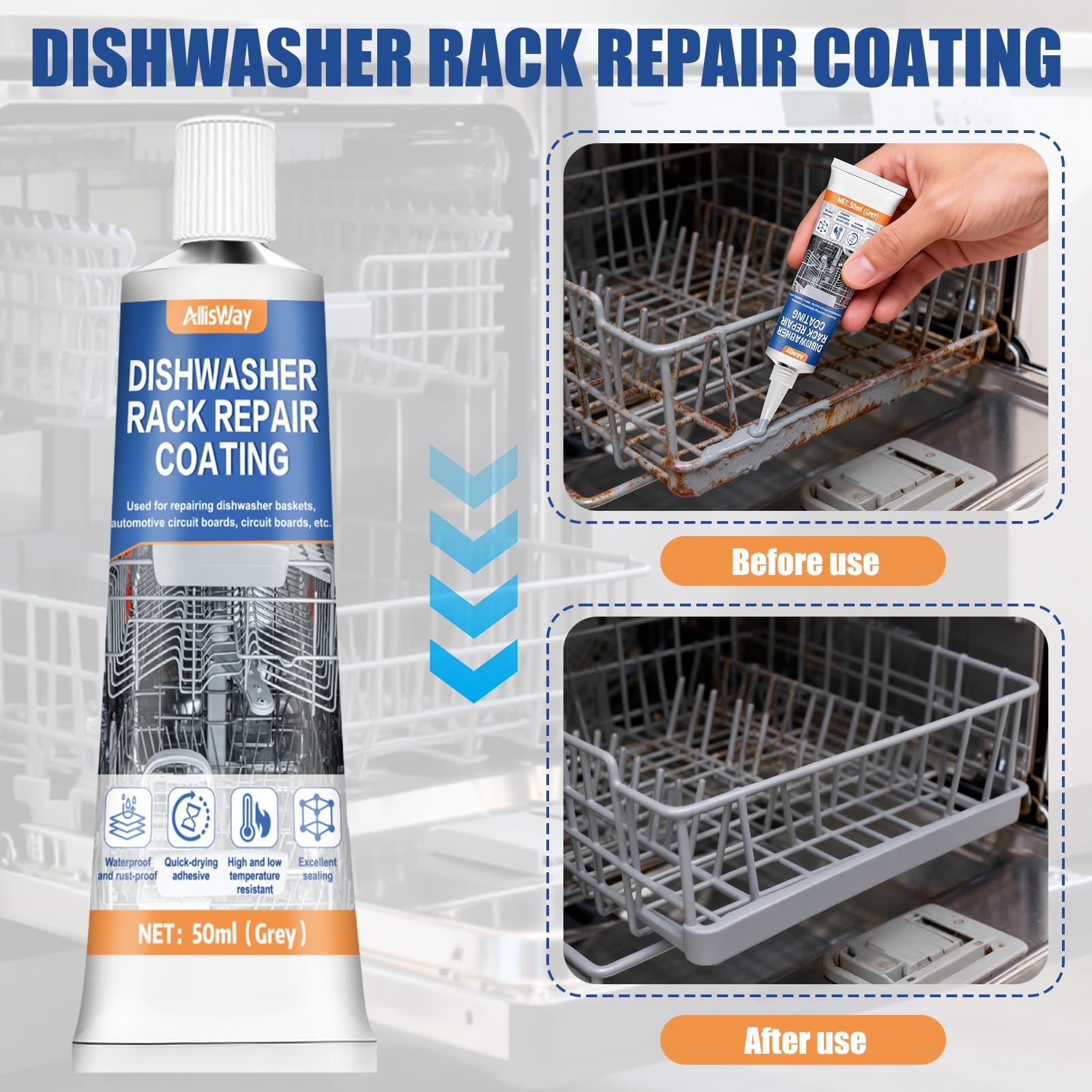 Dishwashing Rust Paint, Plastic Putty Repair, Waterproof and Corrosion-Resistant, Specially Designed to Repair Surfaces of Dishwasher Baskets, 50 ml, Grey - 2