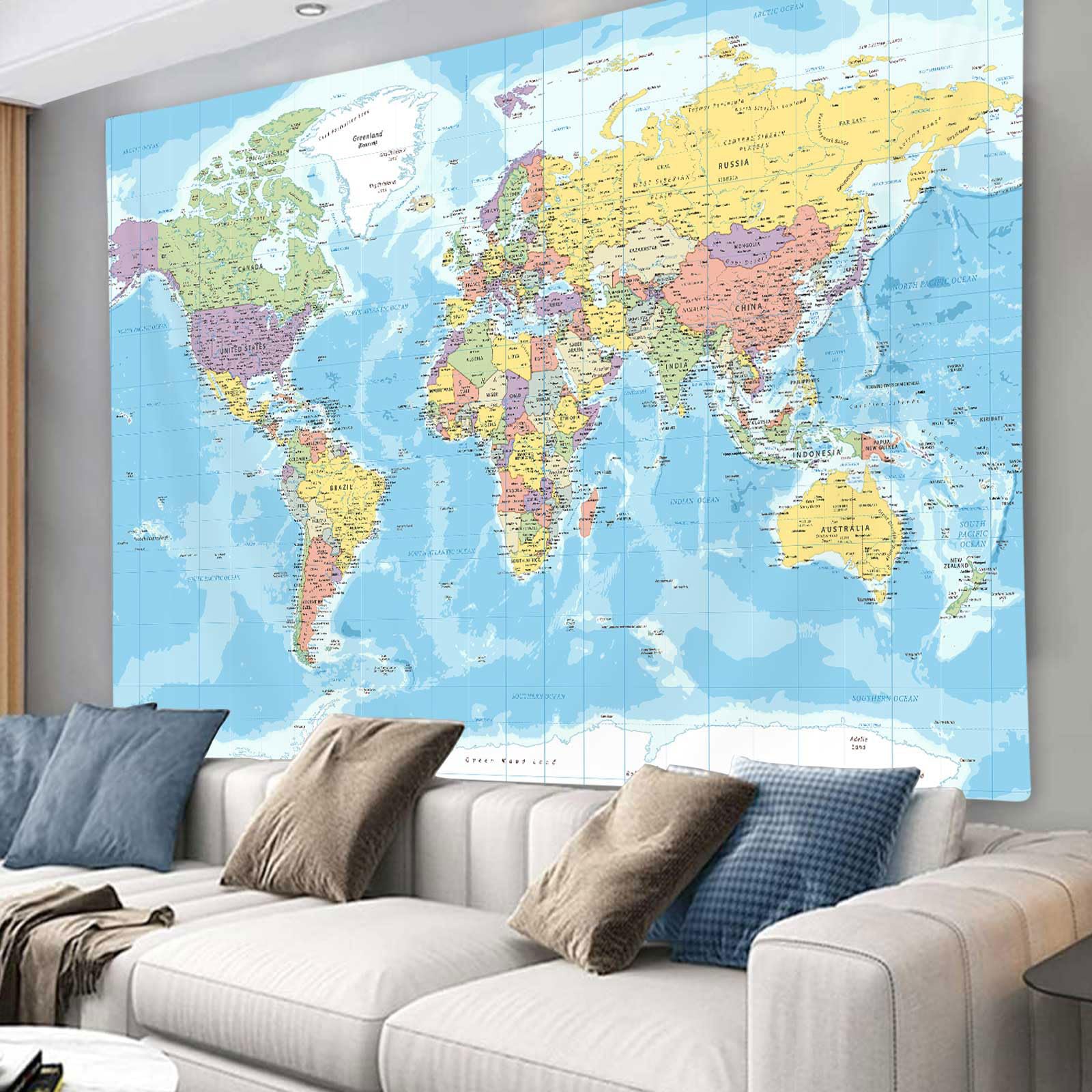 ICTEISOM World Map Tapestry, Educational Wall Art for Bedroom, Living Room, Dormitory, 90 x 70 Inch