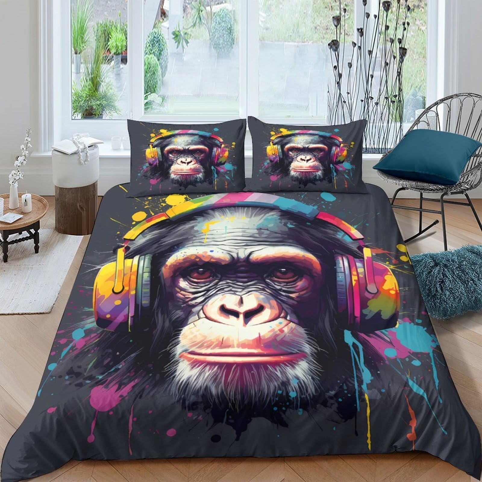 Ctjqhvkz Style-6 3D Printed Headphone Chimpanzee Fitted Sheet Microfiber Vibrant Graffiti Bed Cover For Bedroom Dorm Mattress Decor Single（135X200cm）