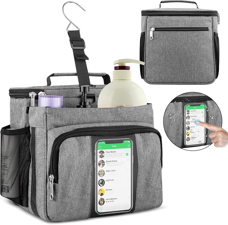 Necessaire organizadora Bukere para banho, com compartimentos separados e base de tela, cinza