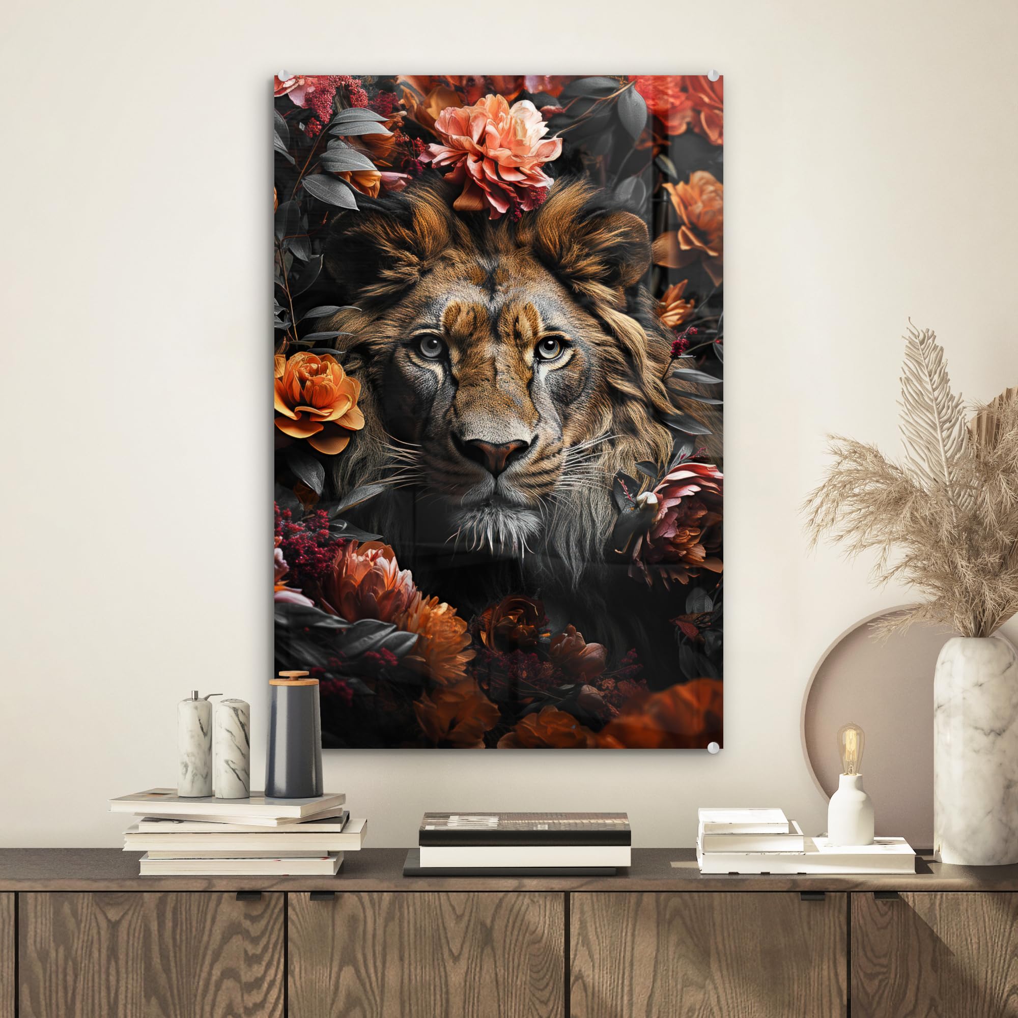 MuchoWow© Quadri Moderni Soggiorno 40x60 cm Poster Da Parete Decorazione Muro Salotto Immagine Grande Foto Con Cornice Stampe Su Vetro Camera Letto Leone - Animale - Natura - Fiori - Botanico