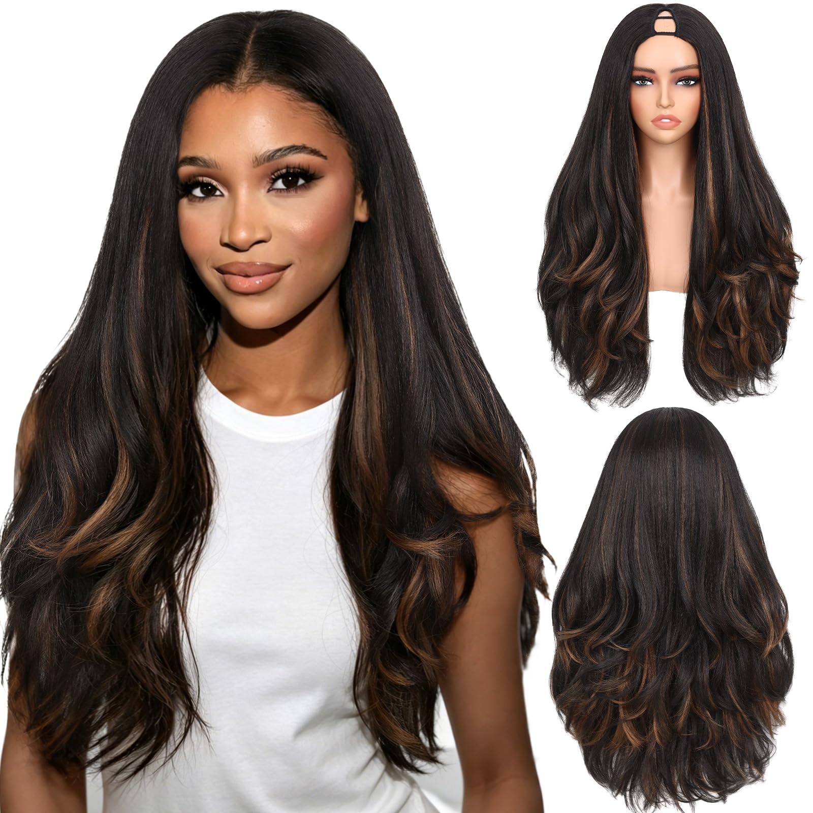 WIGNEE 26 Inch Light Yaki Wavy V Part Synthetic Half Wig