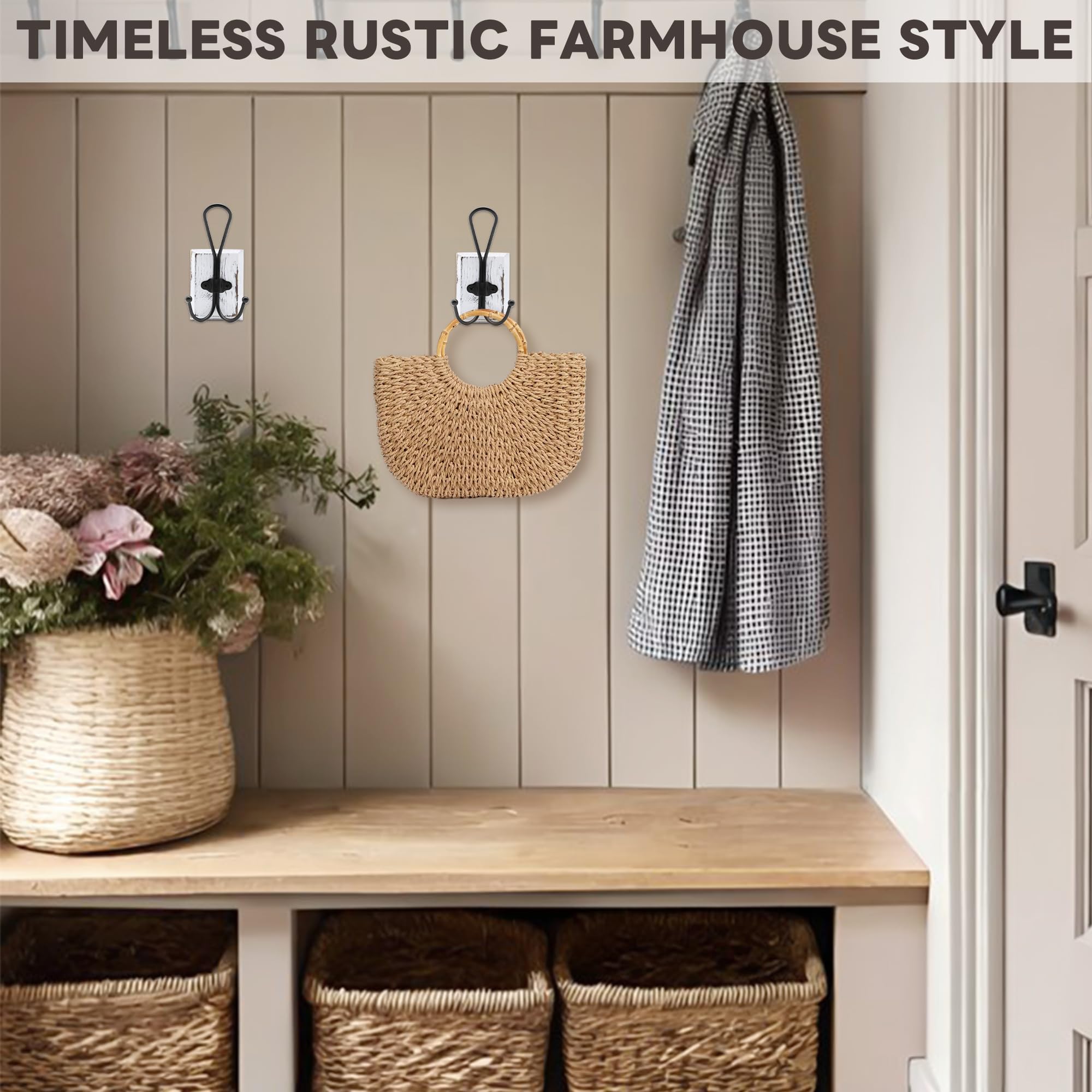 Paquete de 2 ganchos de pared de madera de pino, perchero adhesivo o para toallas de baño, perchas decorativas rústicas para entrada para sombreros, llaves, bolsos, bolsos, color blanco