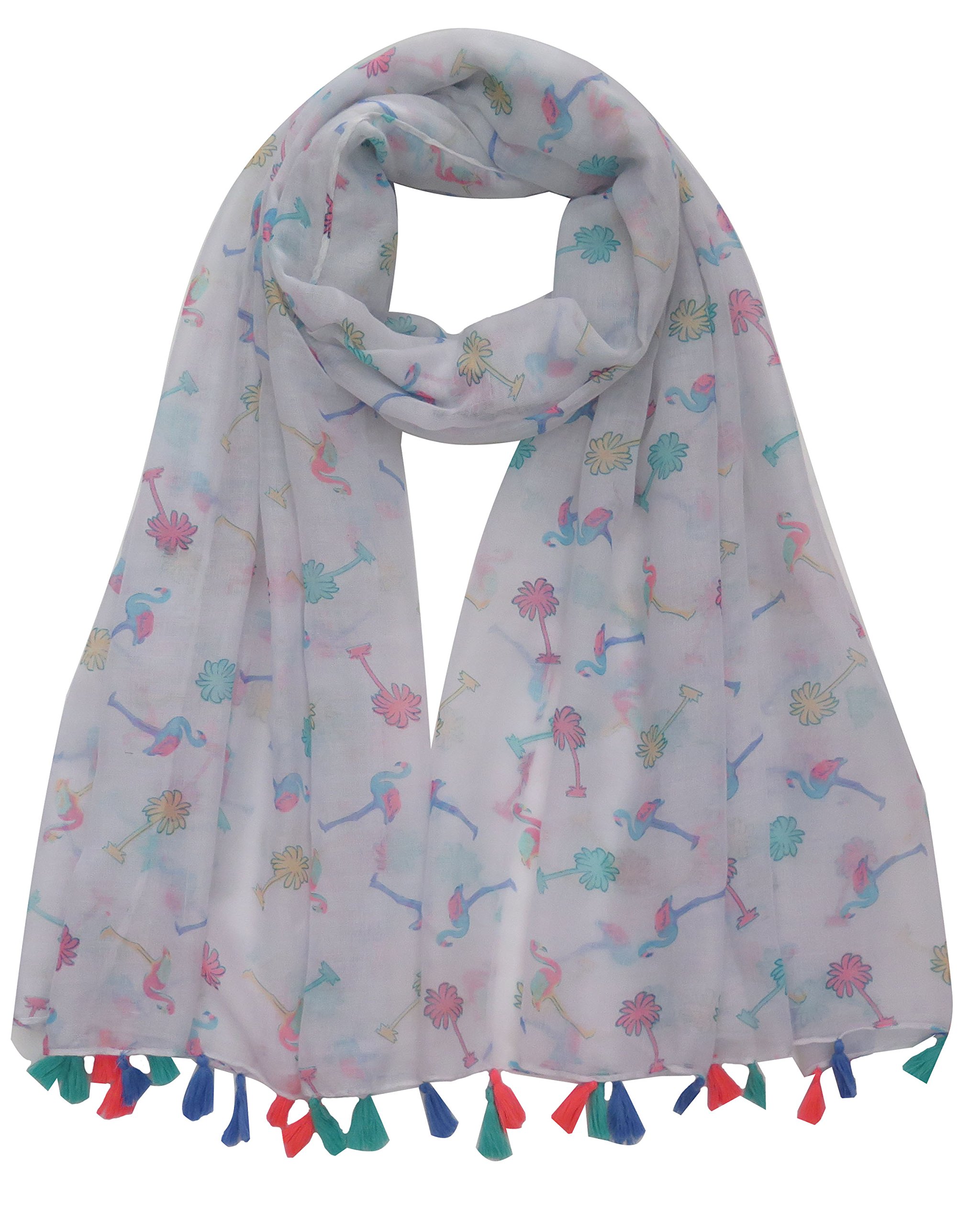 Lina & Lily Flamingo Print Women's Lightweight Scarf Shawl (Design C - white)