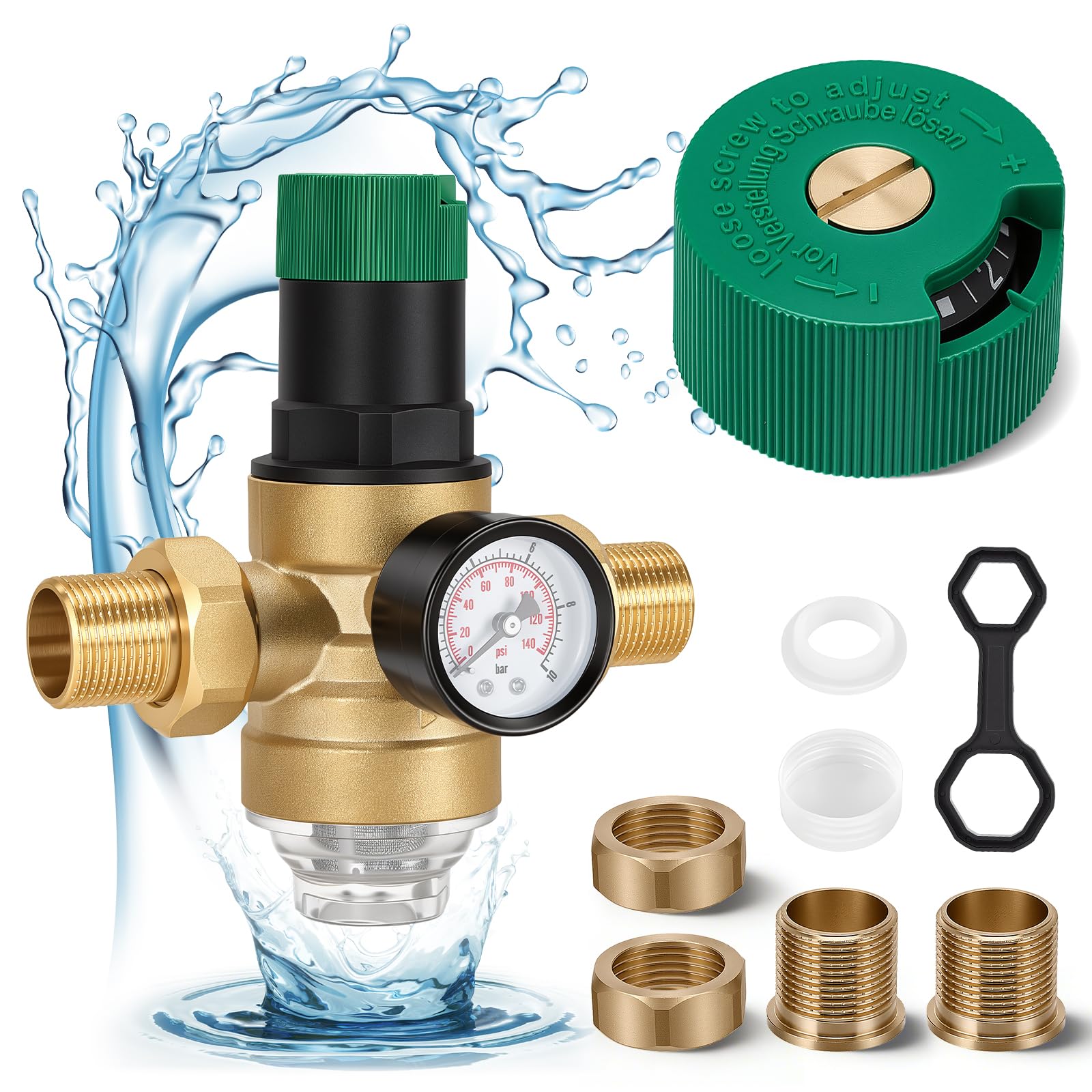 Riduttore di pressione dell'acqua da 3/4" con manometro e filtro da 40 μm, riduttore di pressione dell'acqua regolabile in ottone, pressione di uscita 1-6 bar, adatto per acqua potabile per casa