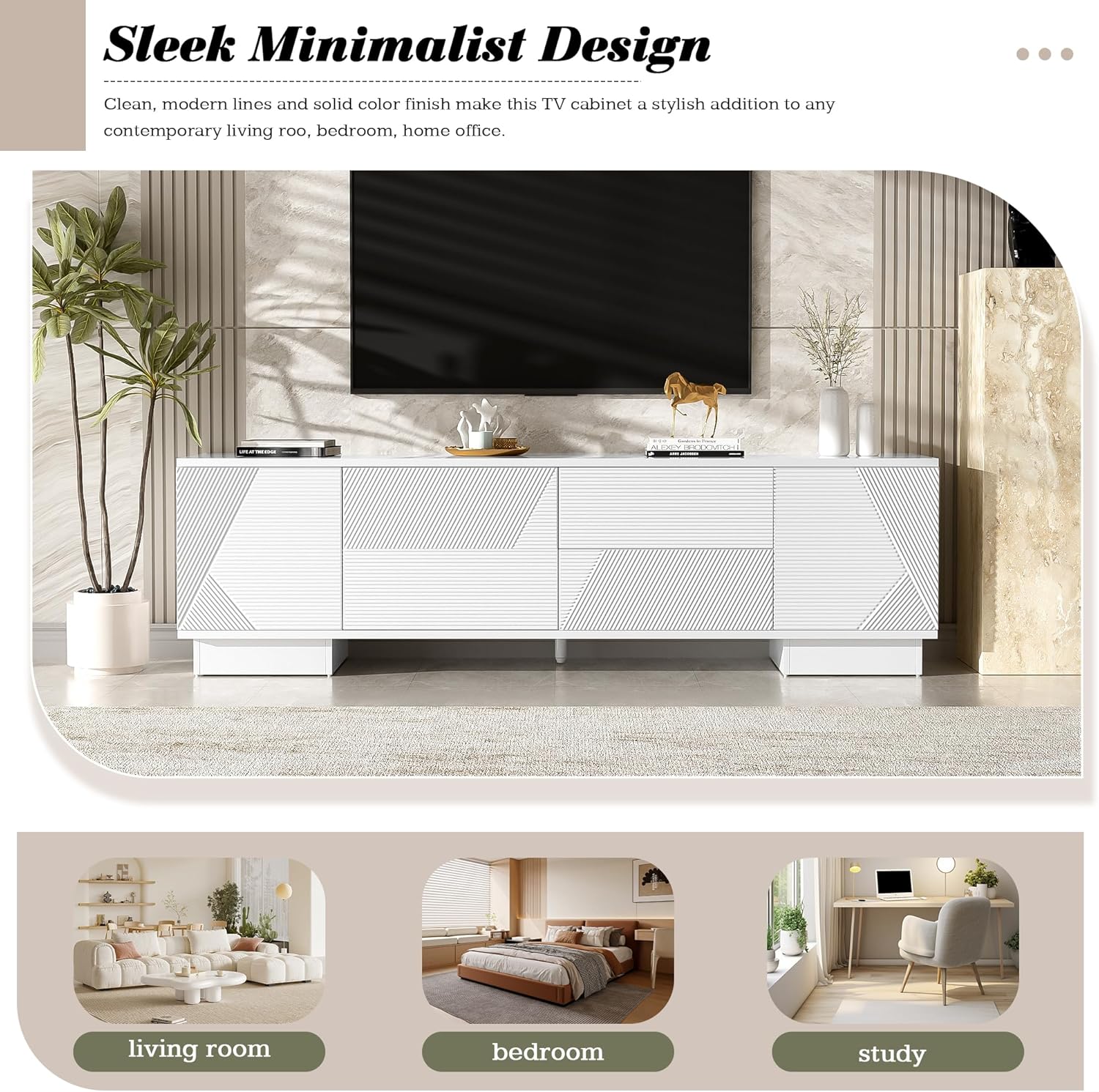 70.8 Inch Modern TV Stand for 75 Inch TVs, Minimalist Media Console with Storage Cabinets and 4 Drawers, Entertainment Center with Metal Center Support Leg for Living Room