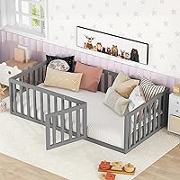 Vista 4 de Harper & Bright Designs Cama de plataforma de suelo tamaño individual con valla y puertas, marco de cama con conexión a tierra para espacios Gris