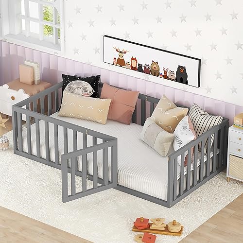 Harper & Bright Designs Cama de suelo de tamaño individual con barandillas de seguridad y puerta, marco de cama individual de madera para