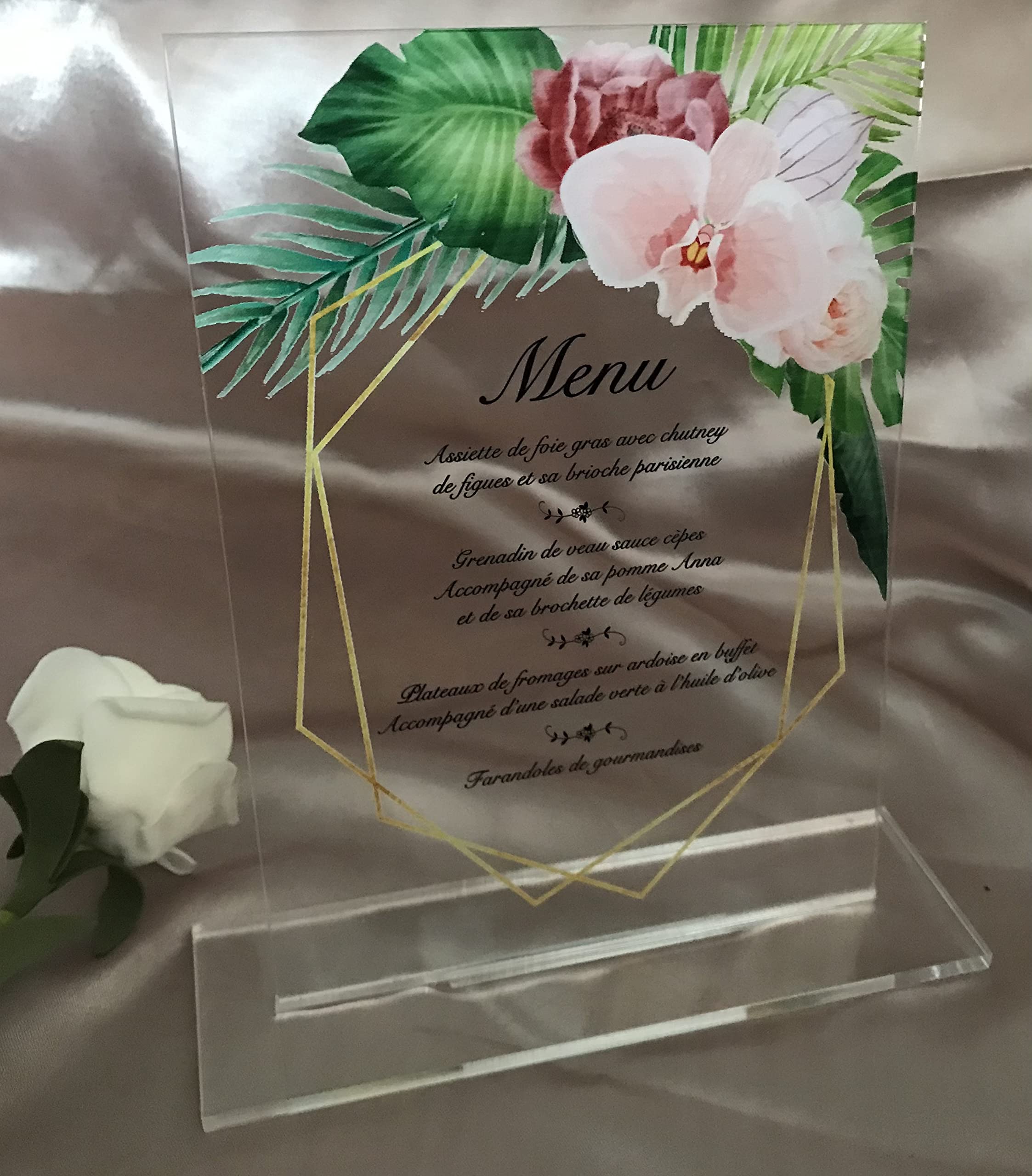 Acrylic Menu,Acrylic Wedding Menu with Base,Custom 10pcs Acrylic Dinner Menu,Party Menu,Pink Rose Floral Party Favor Table Decorations