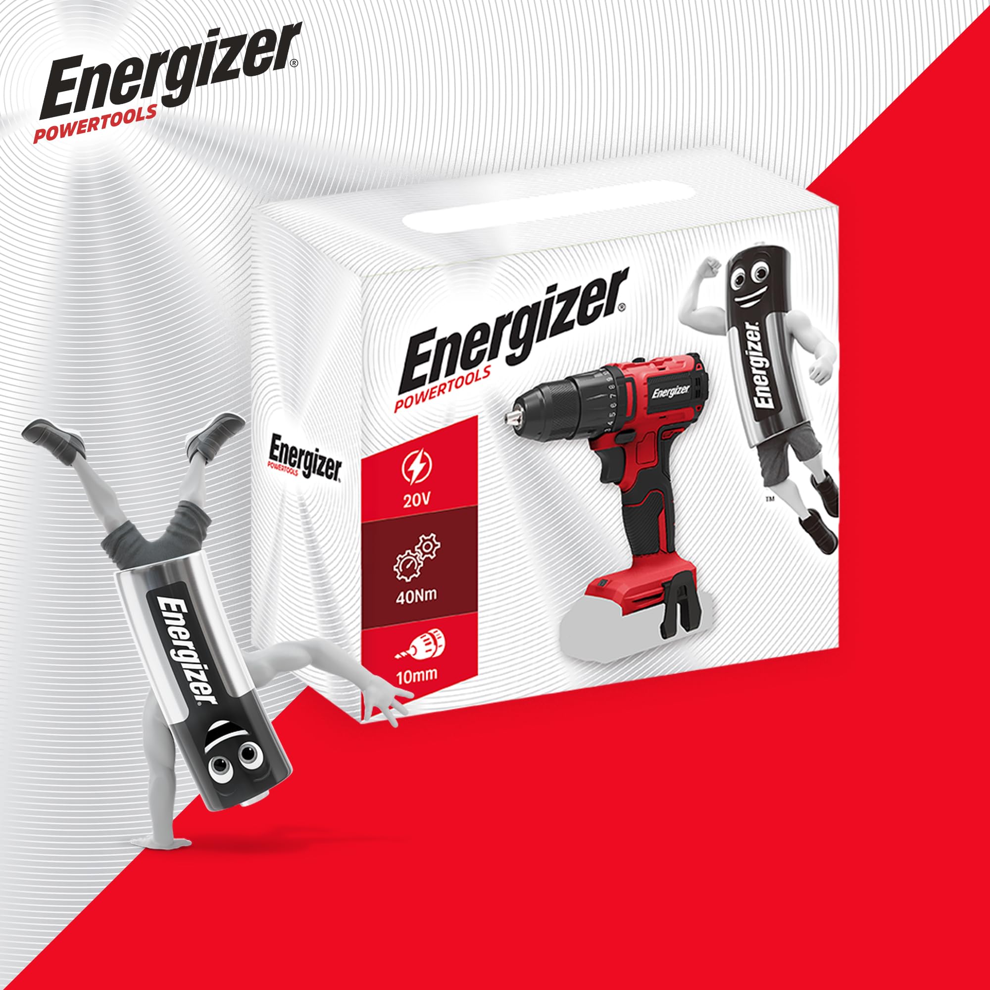 Energizer - Wiertarka akumulatorowa 20 V ultralekki moment obrotowy 40 Nm, 2 prędkości (1850 obr./min), uchwyt 10 mm, w zestawie 2 baterie 20 V 2 AH + szybka ładowarka, narzędzie o wysokiej wydajności