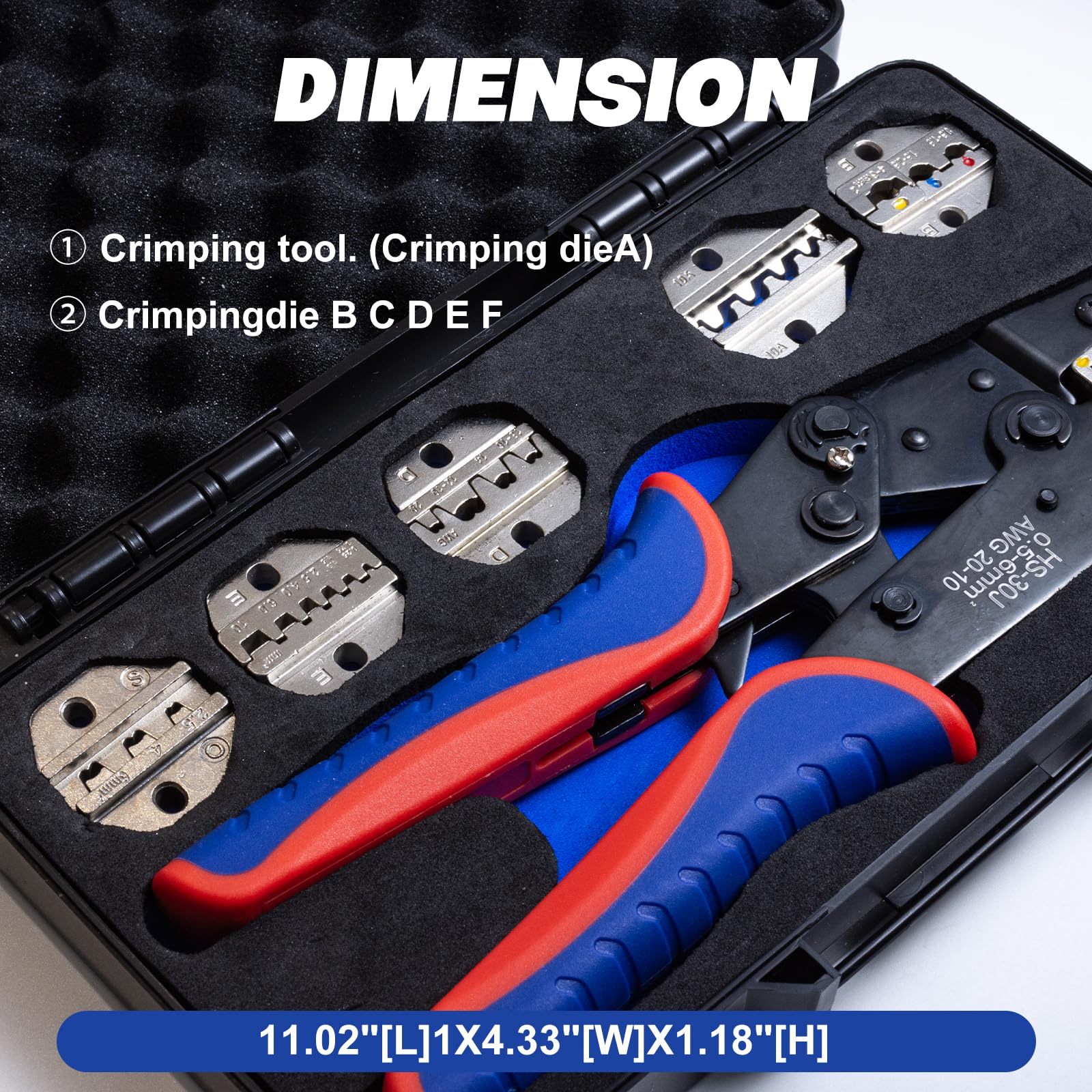 Pince à Sertir Kit, pince à cliquet pour gaines thermorétractables, nylon isolé, non isolé, embouts à bague, cosses à corps ouvert, connecteurs solaires - avec 6 matrices interchangeables