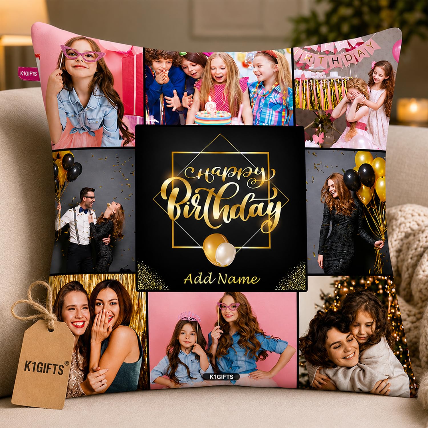 Foam Satin Personalized 8 Photos And Name Pillow For Birthday Printed Cushion With Filler 12X12 Inch,White-image-34