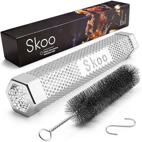 Skoo Pellet Smoker - BBQ Hexagonal Smoking Tube + Brush + Hook + Free EBook + Digital User Guide - 5 Hours of Billowing Smoke - For Electric, Gas, Charcoal Grills or Smokers