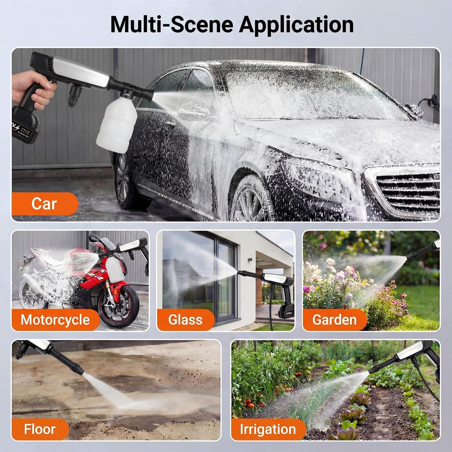 Cordless Pressure Washer, 1250 PSI Portable Power Washer with 1pcs 21V Battery&Digital Display&6-in-1 Nozzle, Auto-Spray Mode, 2-Speed Levels, Handheld Washer Gun for Patio/Fence/Vehicle - Image 4