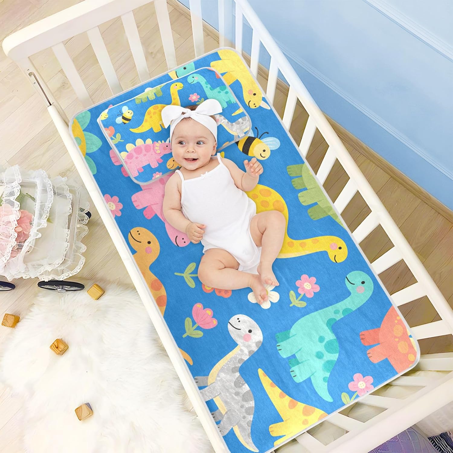 Cartoon Dinosaur Illustration Blue Cooling Baby Mattress Protector Pads 28" x 52" Ultra Soft Bed pad for Baby&Toddler