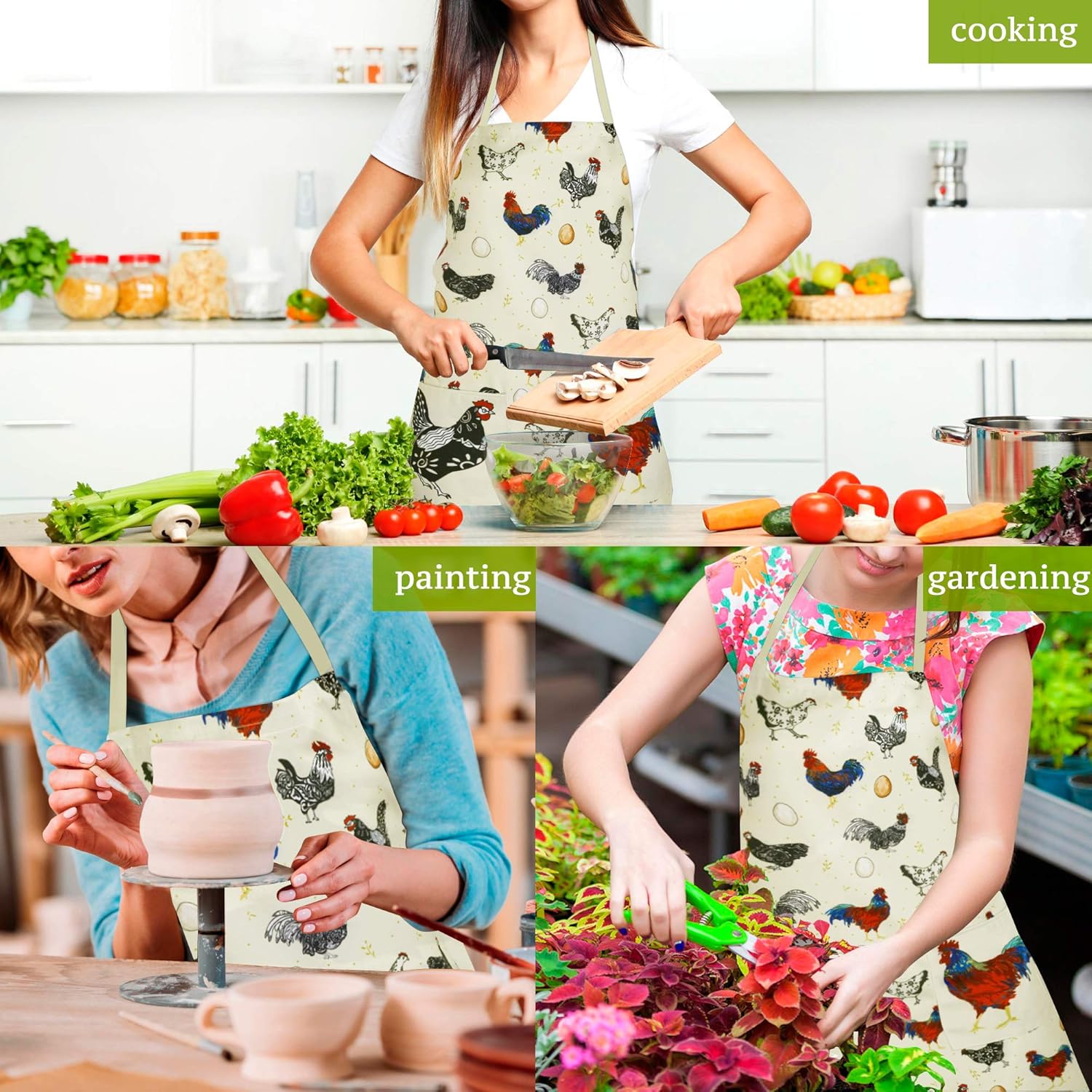 RosieLily Rooster Apron Cute Chicken Apron for Women Beige with Pockets for Cooking Baking Gardening Gifts - Image 6