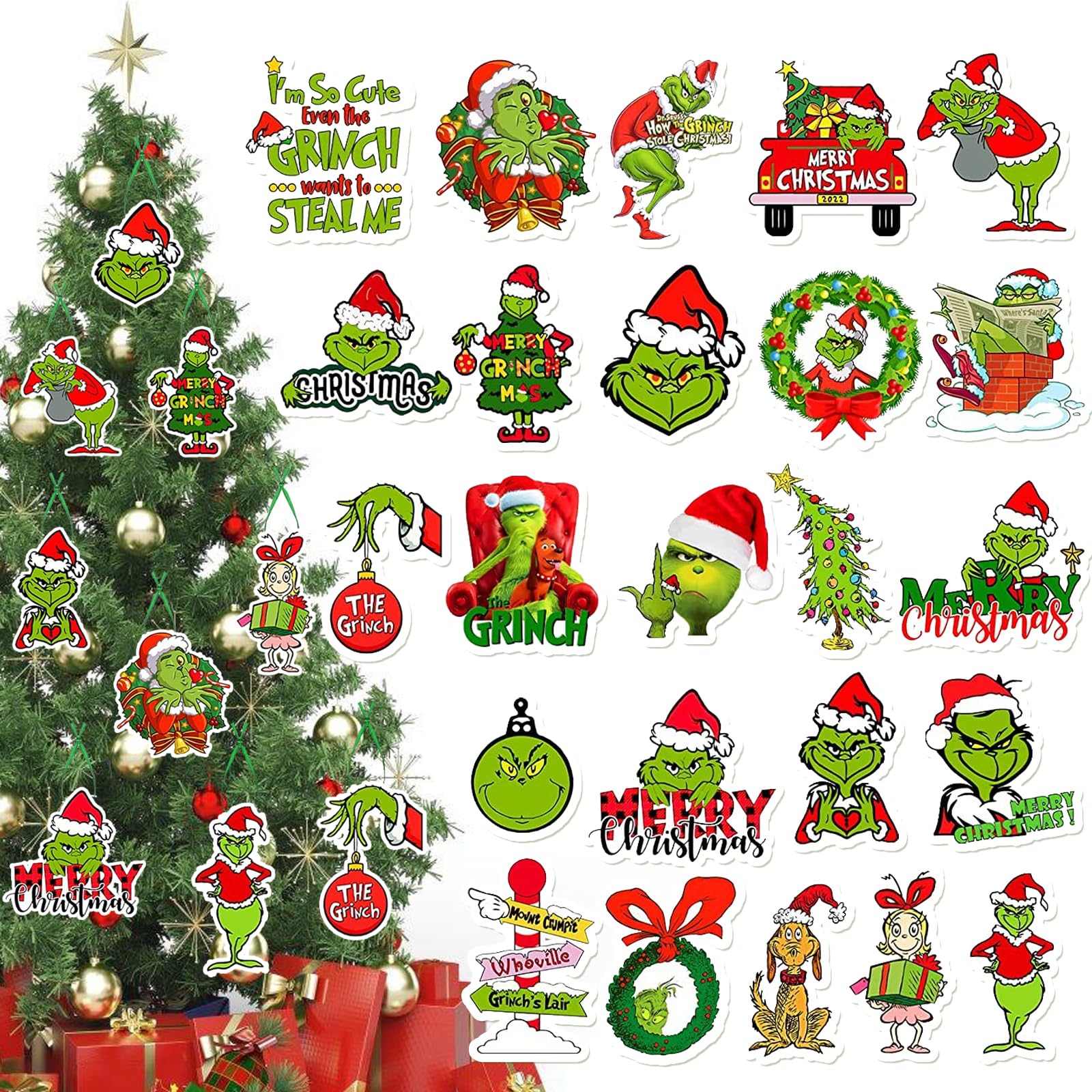 Decoraciones Navideñas de Grinch, 24 PCS Adornos de Grinch Colgantes, Grinch Decoraciones de Arbol de Navidad, Adorno Colgante para Árbol de Navidad para Hogar, Escuela, Fiesta (B)