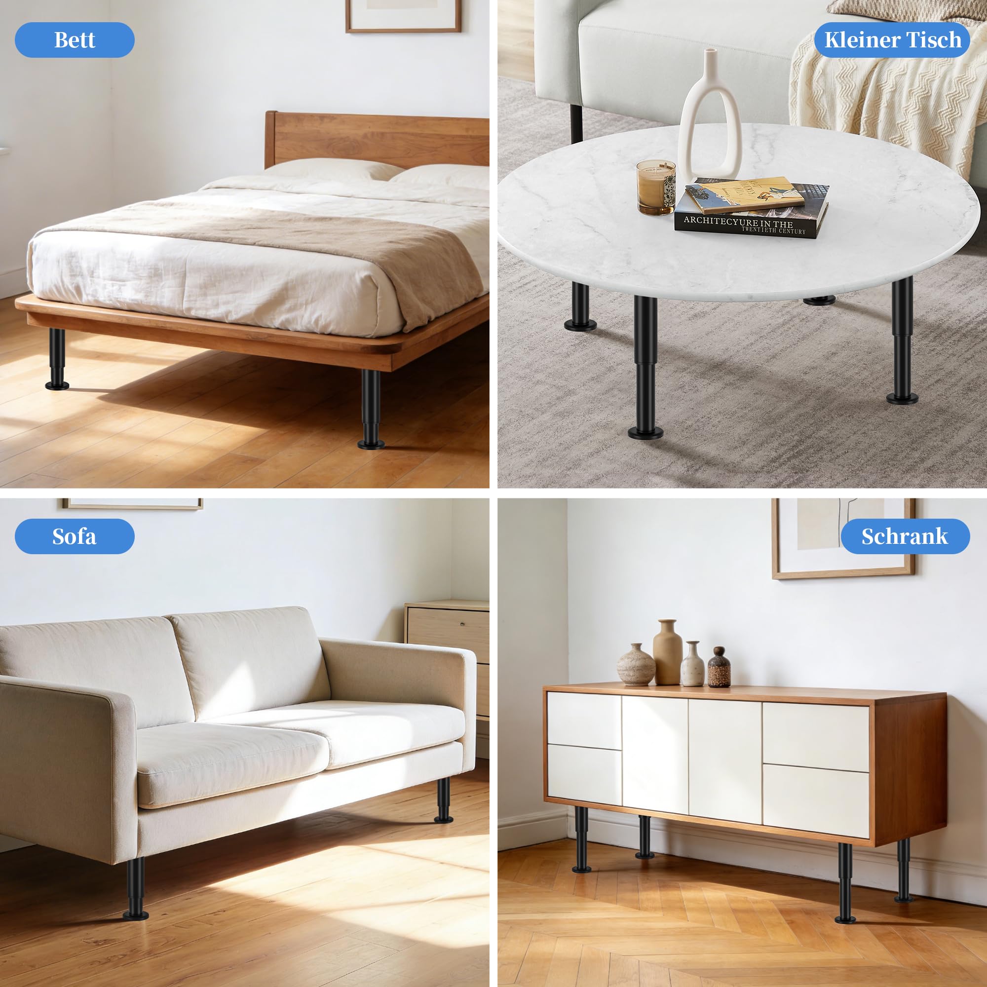 VETIN Lot de 4 Pieds de Lit Réglables en Hauteur, Pieds de Lit en Métal 18-33 cm, Pieds de Support Centraux du Cadre de Lit, Adaptés aux Lattes du Cadre de Lit/du Centre du Lit
