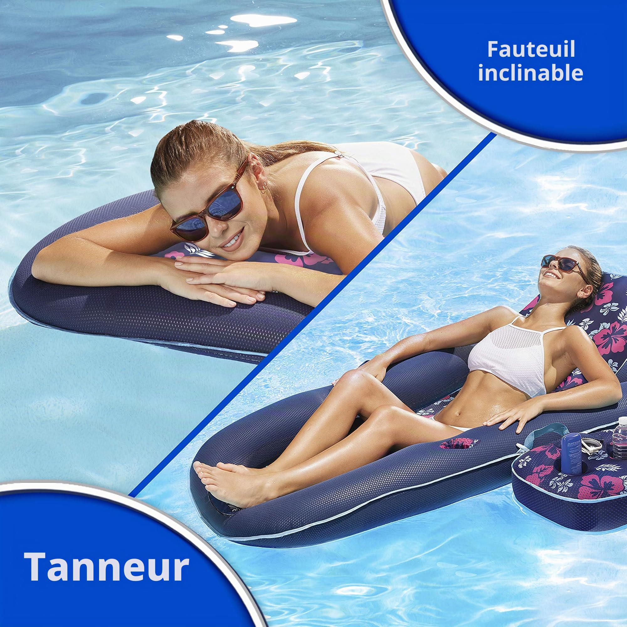 Aqua B07P83G3F6 Chaise Longue de Piscine Ultra résistante pour 2 Personnes Bleu Marine/Rayures Blanches 162 x 135 cm