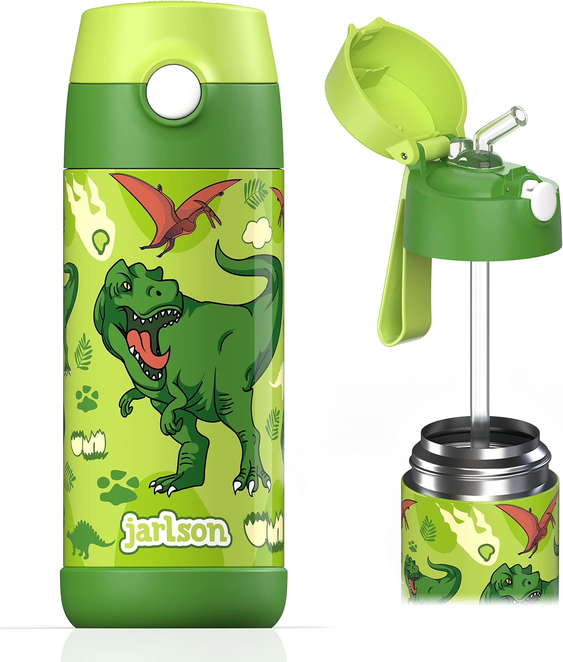 Jarlson® Kids Water Bottle CHARLI [12OZ] - Stainless Steel Thermo Bottle with Straw - Insulated, Spill Proof Waterbottle for School & Sports - Thermo Tumbler for Boys & Girls (Dinosaur)