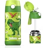 kids water bottle with straw - CHARLI - insulated stainless steel water bottle - thermos - girls&sol;boys &lpar;Dinosaur &apos;Star&apos;&comma; 12 oz&rpar;