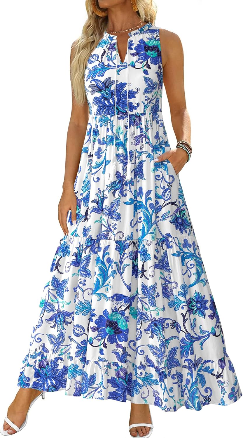 BTFBM Womens Summer Maxi Dresses 2025 Casual Sleeveless V Neck Loose Fit Floral Boho Dress Beach Long Sundress