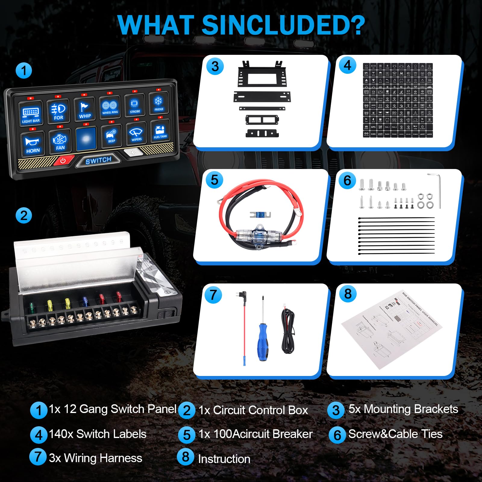 Chelhead 12 Gang 12V-24V Schalter Panel RGB mit Einstellbare Helligkeit 80A | 12-fach Schalterpanel Touch-Steuerung mit RGB Farben und Relais-System. Einfache Kontrolle für Autos, LKW, Boote, UTV, SUVs