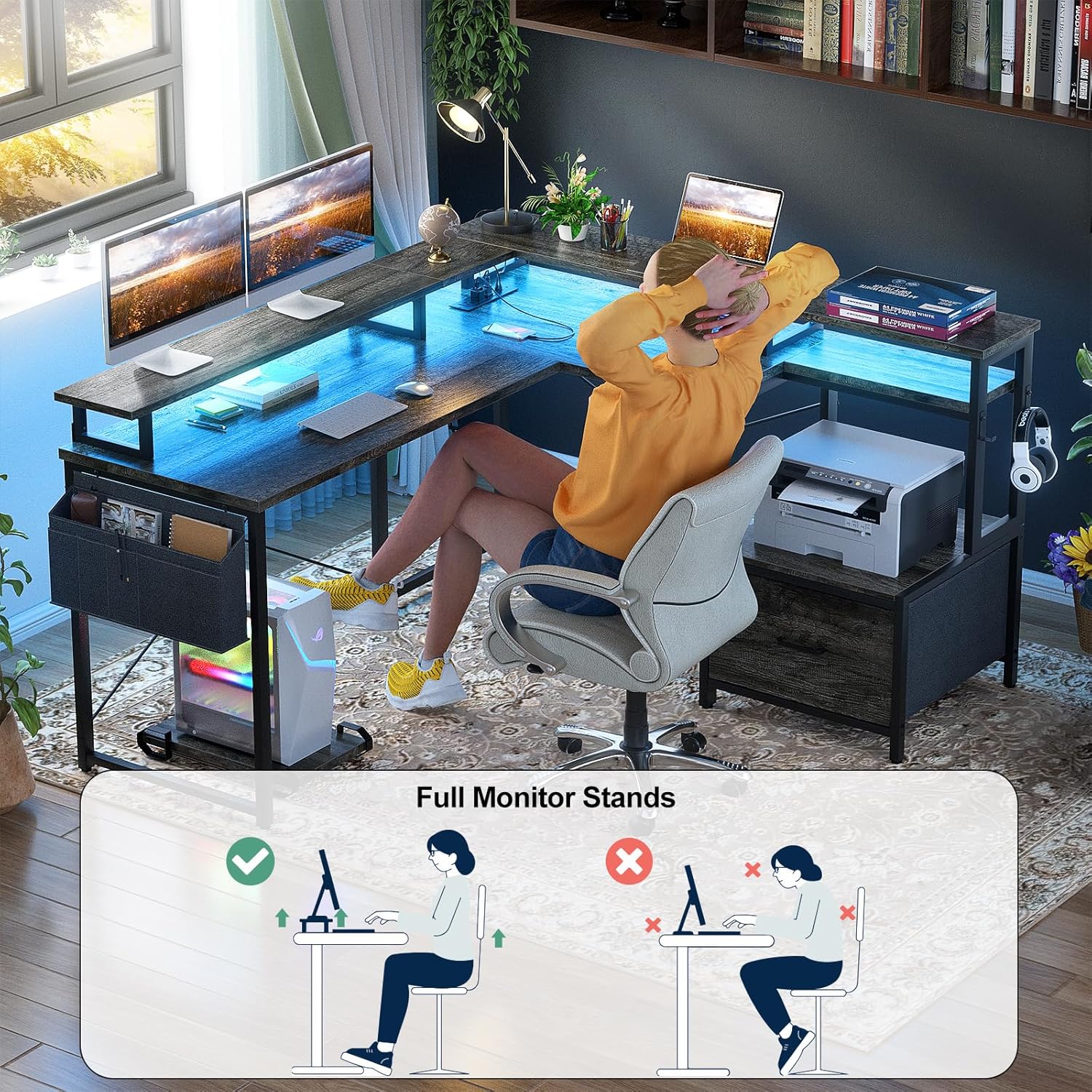 L Shaped Desk with Power Outlet and LED Strip, Reversible L Shaped Computer Desk with File Drawer, Corner Desk for Gaming Writing, Home Office Desk with Monitor Shelf, Black Oak