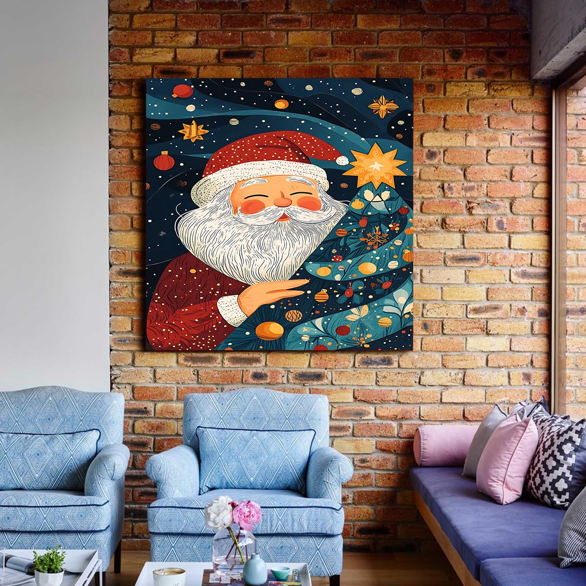 YUNART Świąteczne rysunki na ścianach Święty Mikołaj plakaty i druki obraz choinkowy rustykalna zimowa dekoracja do salonu domowego75x75cm