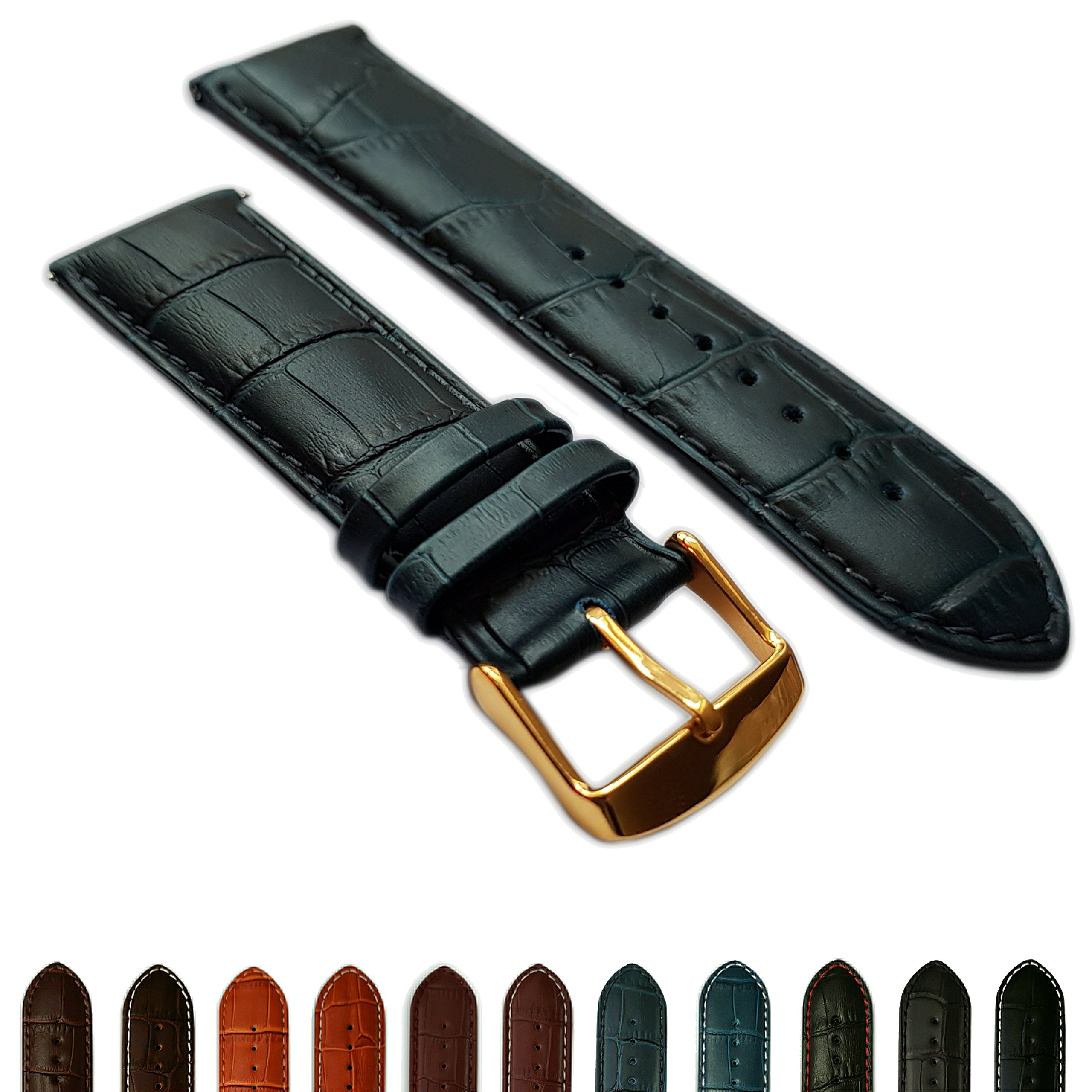 16mm Blue Genuine Leather Mock Croc Watch Strap Band Mens Crocodile Padded Gold Buckle