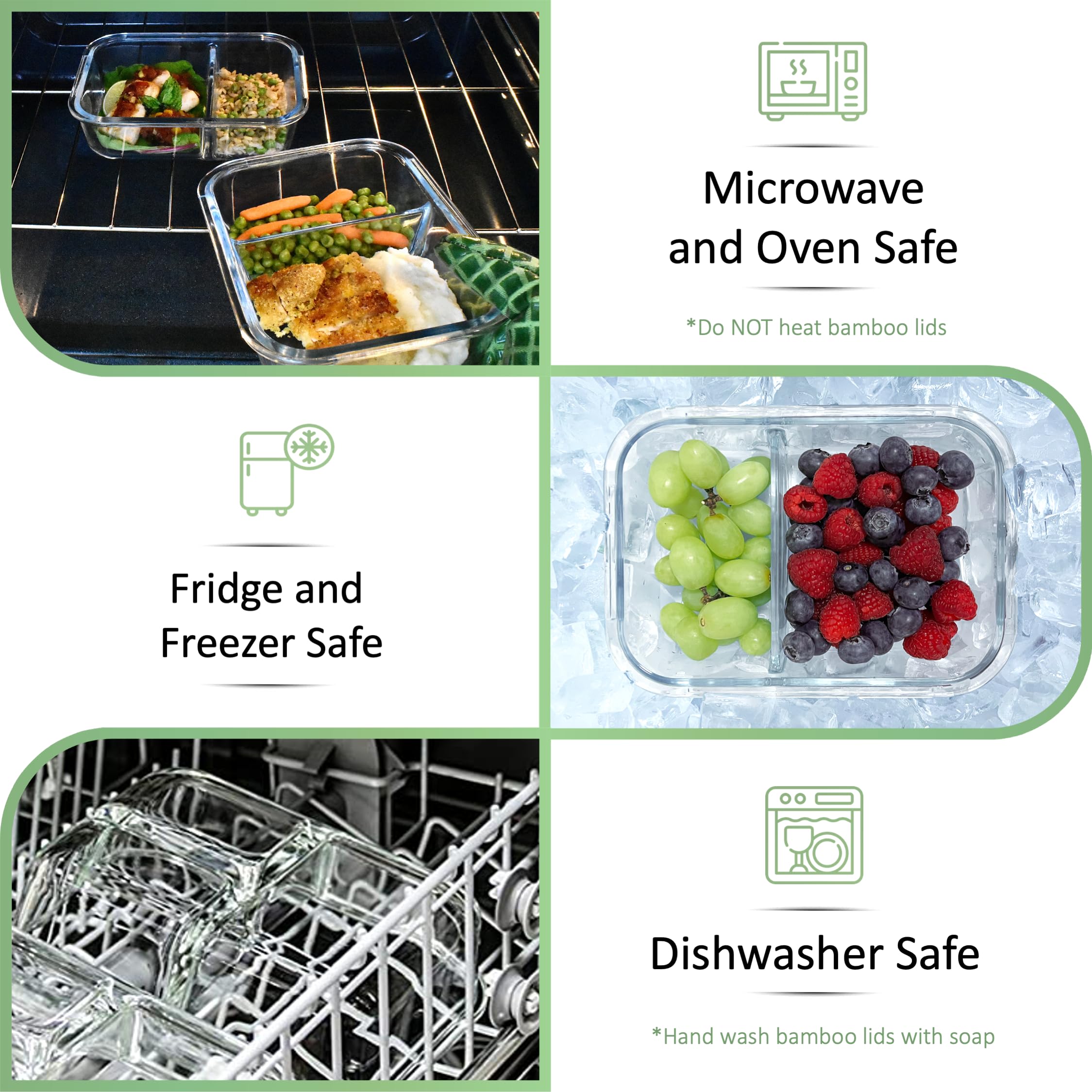 EcoPreps Szklane pojemniki do przygotowywania posiłków z bambusowymi pokrywkami, 2 przegródki szklane pojemniki Bento Box [3 sztuki] 100% bez plastiku, ekologiczne, szklane pojemniki do przechowywania