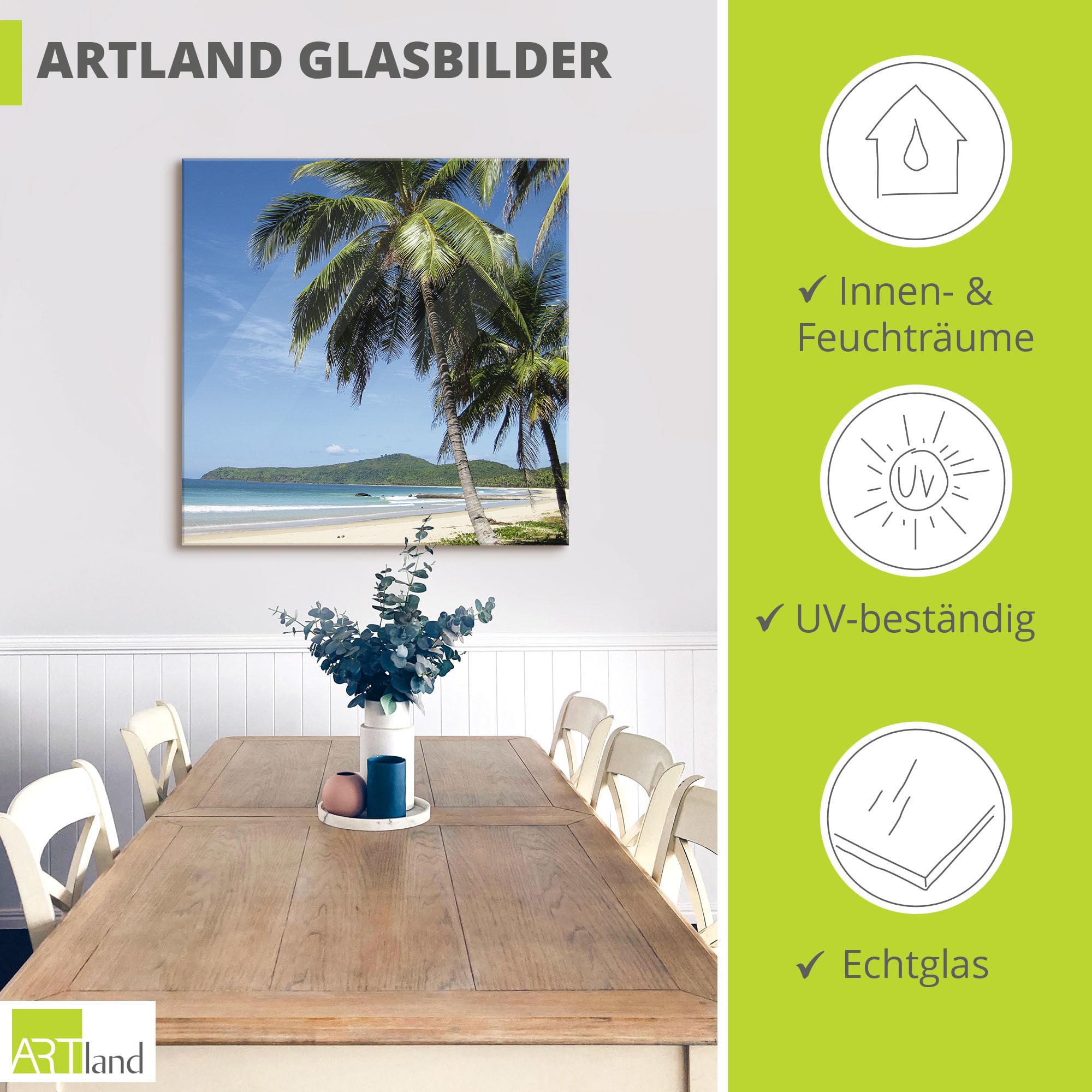 ARTland Wanddeko Glasbilder Wandbild Glas Bild einteilig 30x60 cm Hochformat Strand Meer Palmen Karibik Küste Insel Südsee Urlaub T5GY