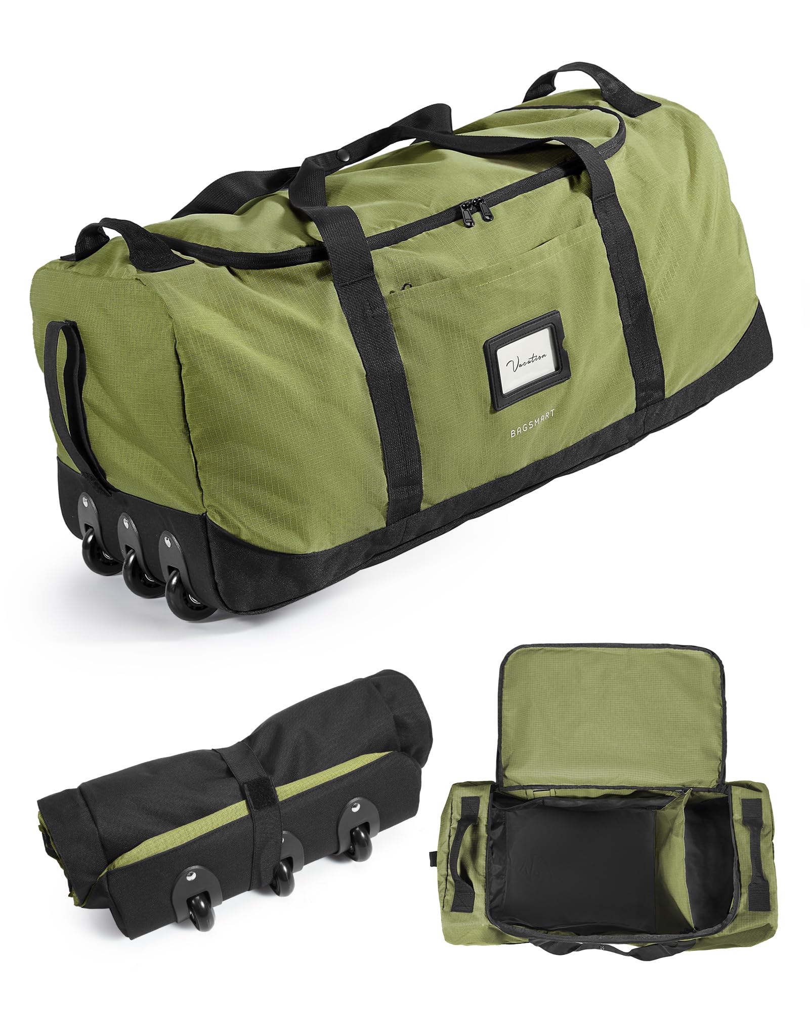 BAGSMART Faltbare Reisetasche mit Rollen, 83L Leicht Sporttasche 3-Rollen große Reisetasche Herren & Damen, Kann aufgerollt und aufbewahrt Werden, Seetanggrün