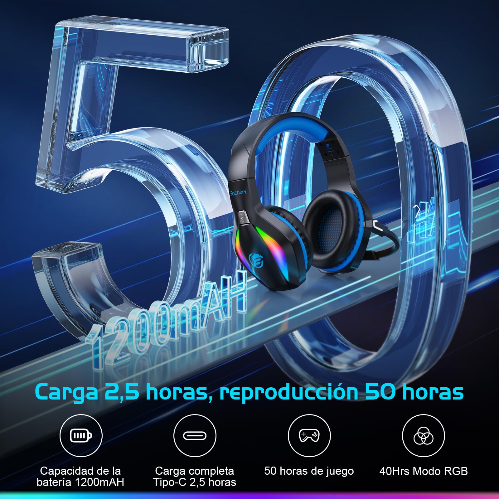 Fachixy「2025 Nuevo」FC100 Cascos Gaming Inalámbricos para PC, PS5, PS4, Auriculares Gaming Inalámbricos de 2,4GHz Wireless+Bluetooth - Baja Latencia, Duración 40Hr+, Luces RGB (Azul-Negro)