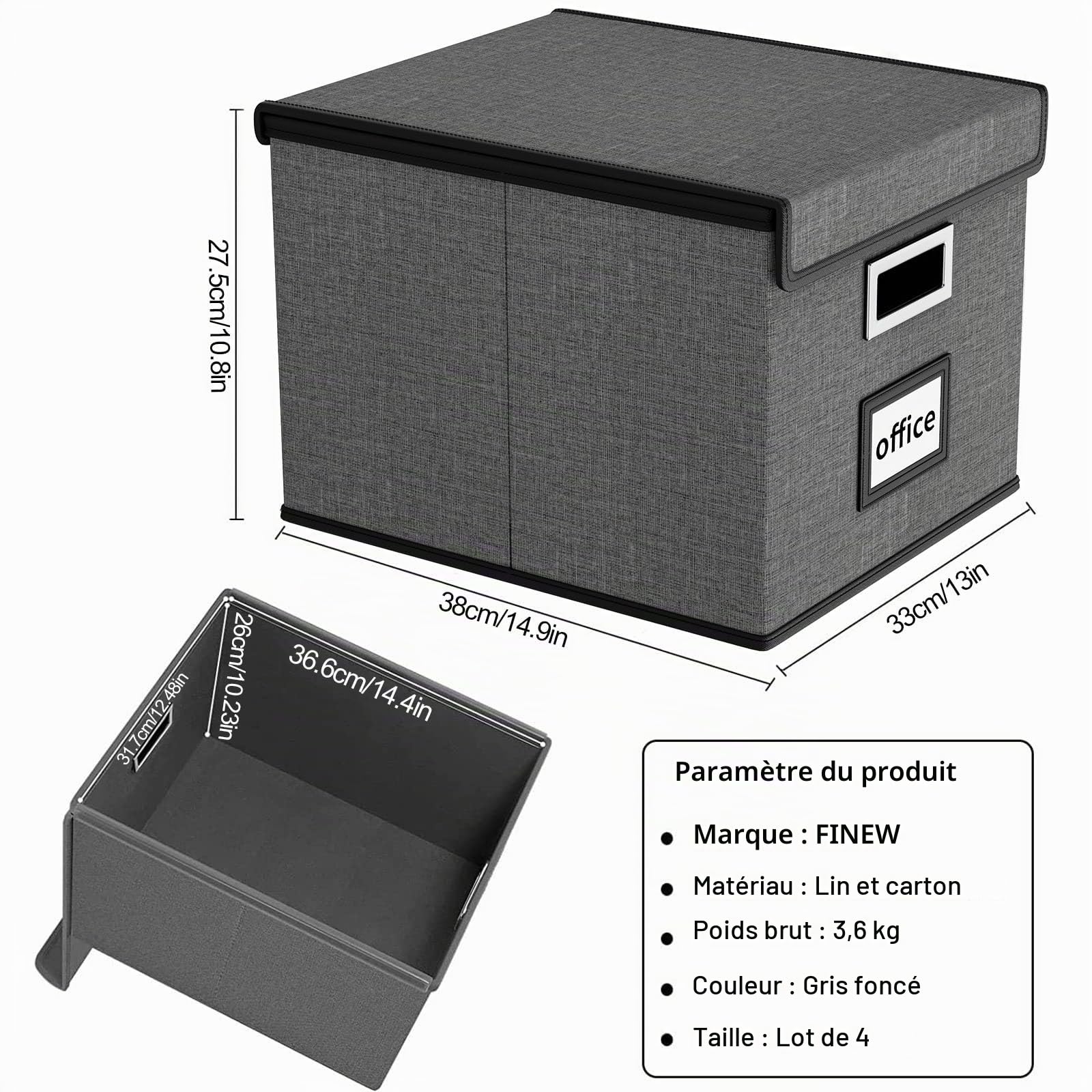 FINEW Lot de 4 boîtes de rangement pliables en tissu avec couvercle - Pour dossiers suspendus au format A4 - Boîtes de rangement pour bureau - Boîte pliante pour famille - Gris foncé