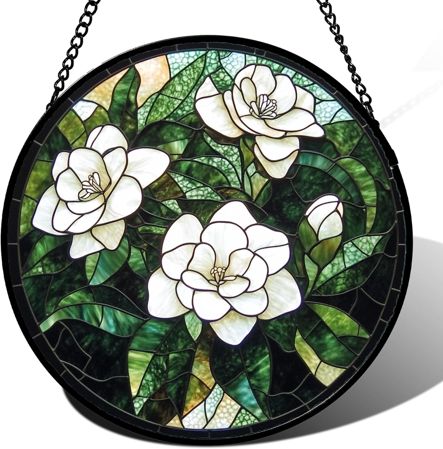Stained Glass Window Hanging White Gardenia Flowers Green Leaves Large 11.8" - Suncatcher Door Garden Sunroom Sun Catcher Decor Birthday Christmas for Mom Woman Nana Friend
