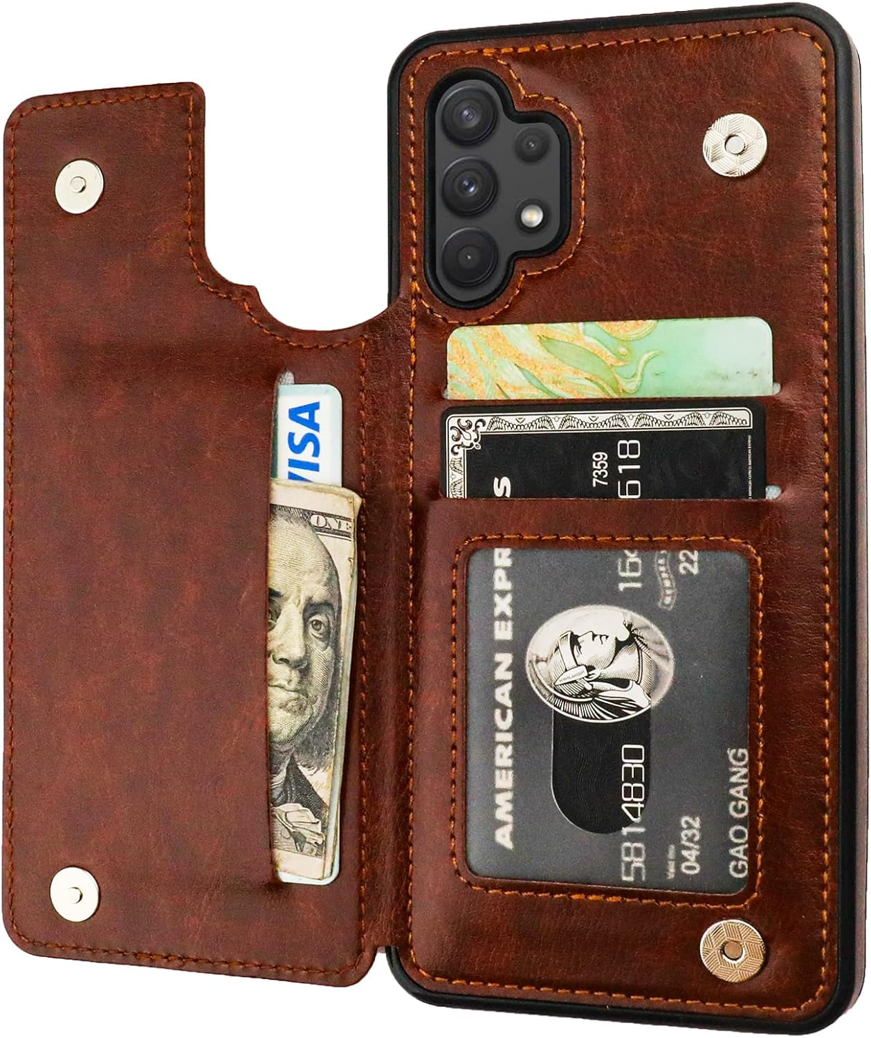 ONETOP Compatible with Samsung Galaxy A32 Wallet Case with Card Holder, PU Leather Kickstand Card Slots Case, Double Magnetic Clasp and Durable Shockproof Cover 5G 6.5 Inch(Brown)