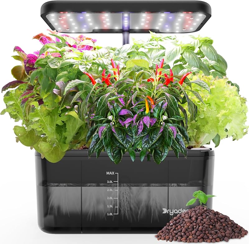 Sistema de cultivo hidropónico: jardín de hierbas interior con luz de cultivo | Estilo de guijarros de arcilla, con lámpara de crecimiento premium y bomba silenciosa inteligente, kit de germinación de plantas, regalos de jardinería para mujeres