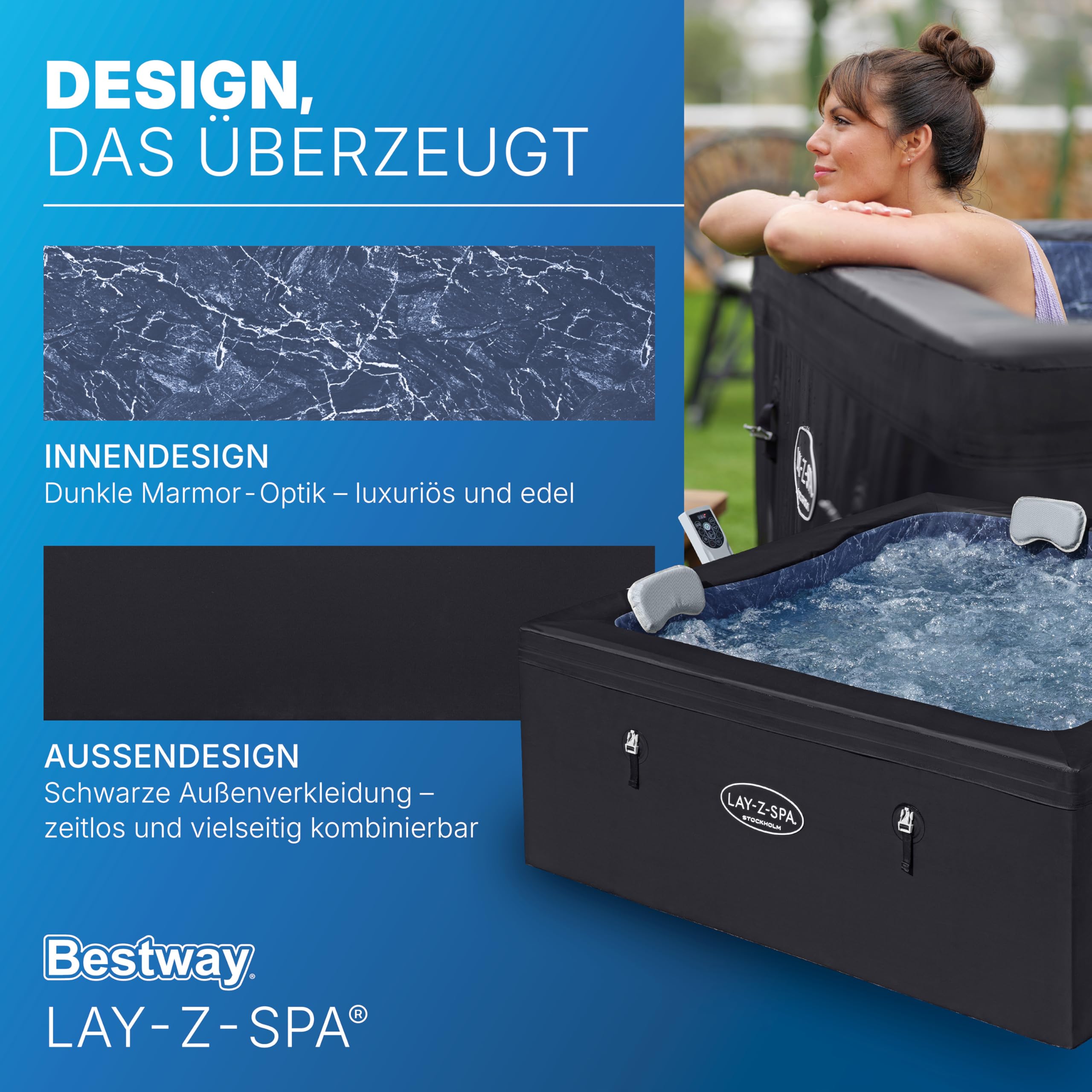 Bestway Lay-Z-SPA Stockholm AirJet Energiespar-Whirlpool 164x164 cm – Smarter Pool für 6 Personen mit App-Steuerung, 40°C Heizung, ThermaCore Isolierung & 140 Massagedüsen, Winterfest & Schwarz