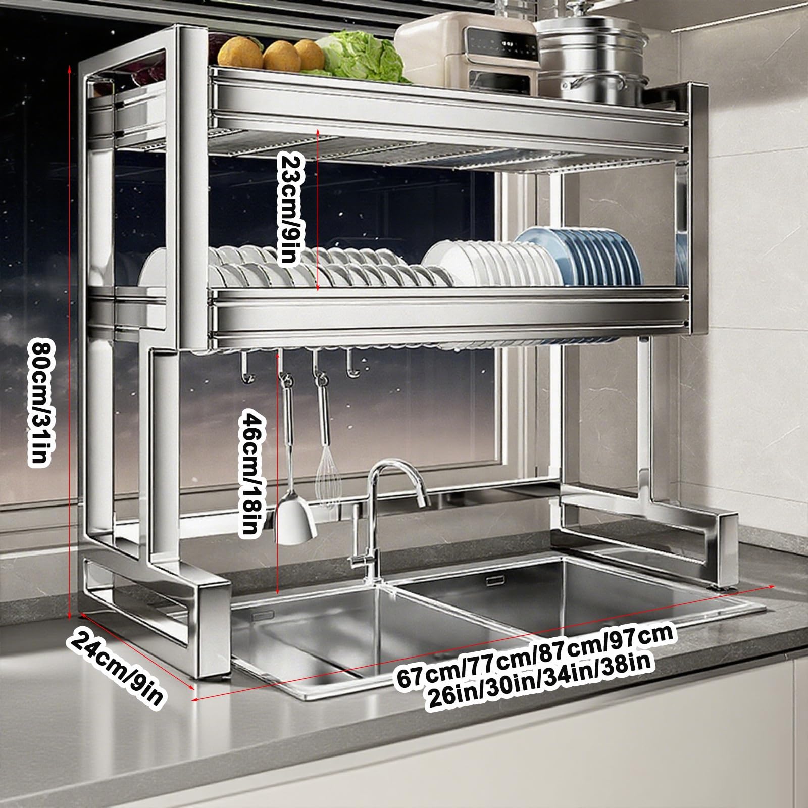 Escurreplatos de doble capa para fregadero de cocina de 67 a 97 cm, ajustable, acero inoxidable 304 con ganchos, juego completo para un secado y nización eficientes