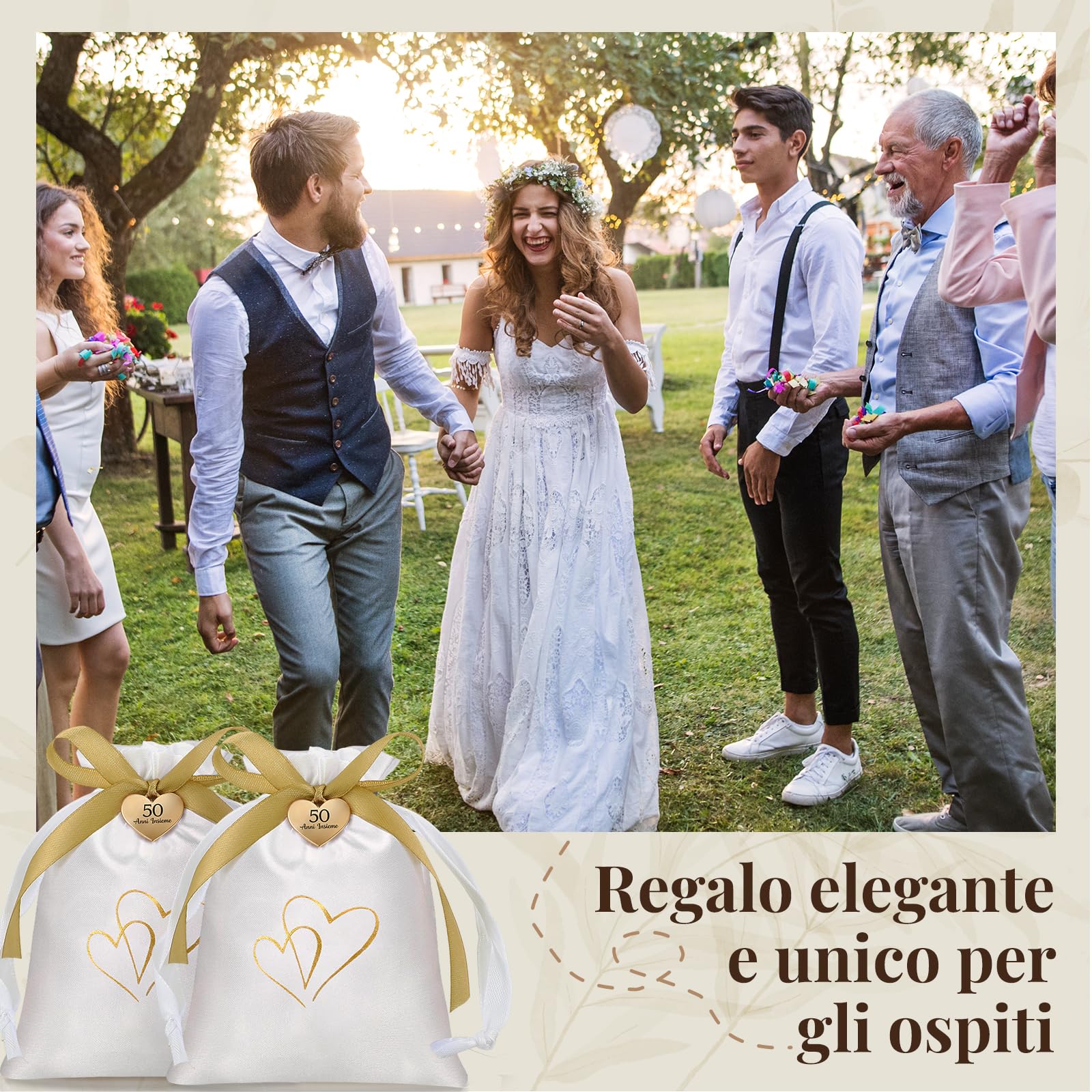 Otuuz 25 Set Bomboniere Matrimonio Sacchetti Bomboniere Sacchetti Regalo in Raso con Coulisse 50 Anni Insieme Ciondolo a Forma di Cuore in Oro e Nastro Regali per l'Anniversario Festa di Nozze