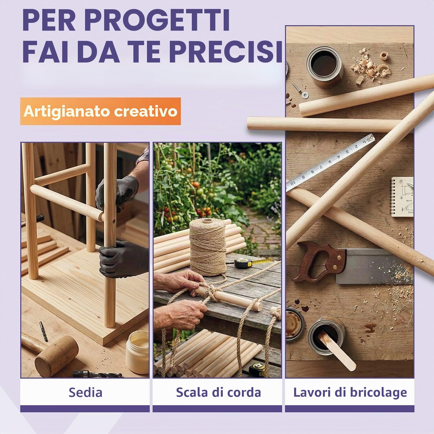 vasalat Bacchette in legno liscio per fai da te, 100 cm x 20 mm, 6 pezzi