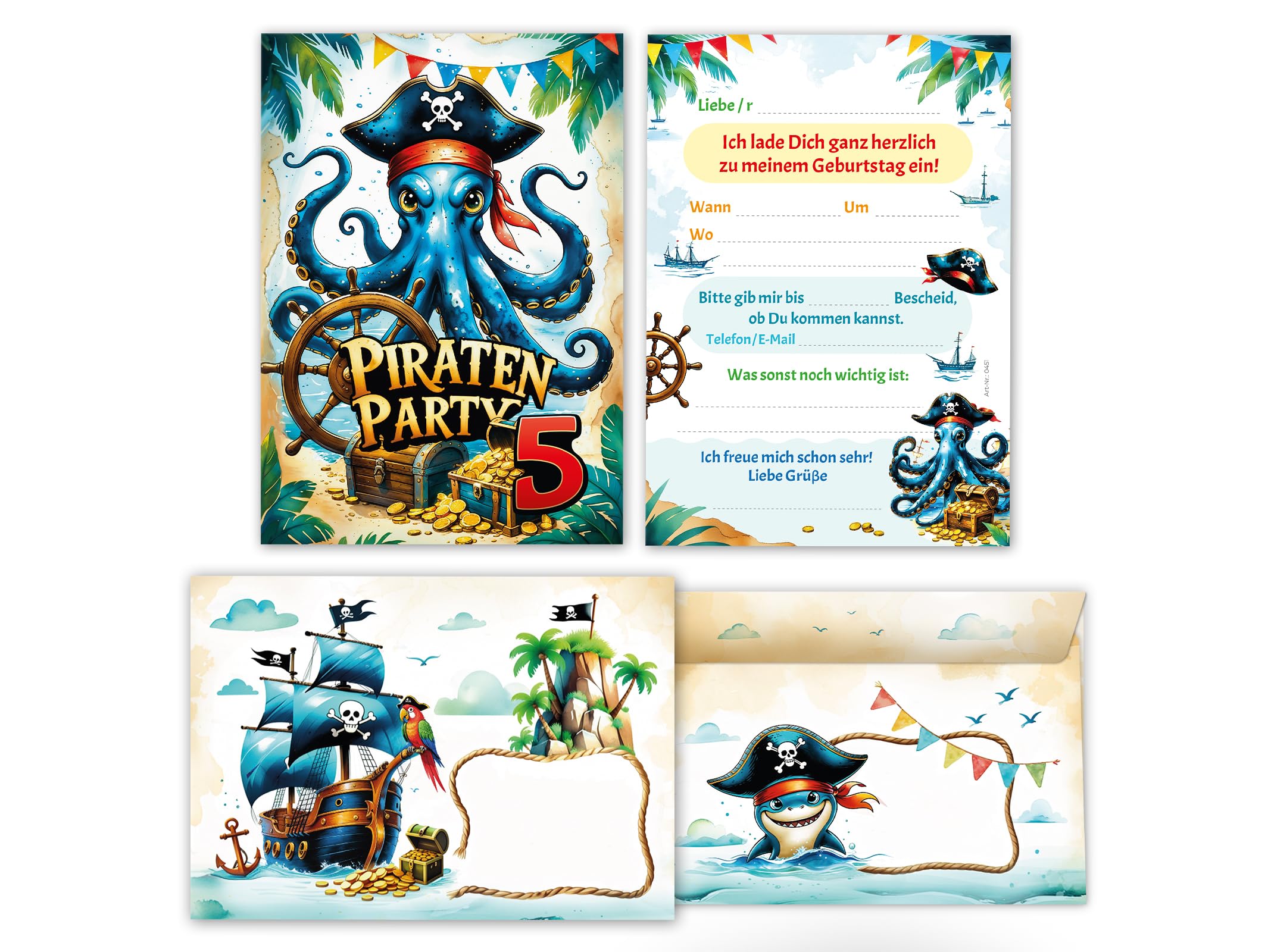 Junaversum 12 Einladungskarten inkl. 12 Umschläge zum 5. Kindergeburtstag Pirat Jungen Mädchen Kinder coole bunte Einladungen fünfte Geburtstag Geburtstagseinladungen Kids