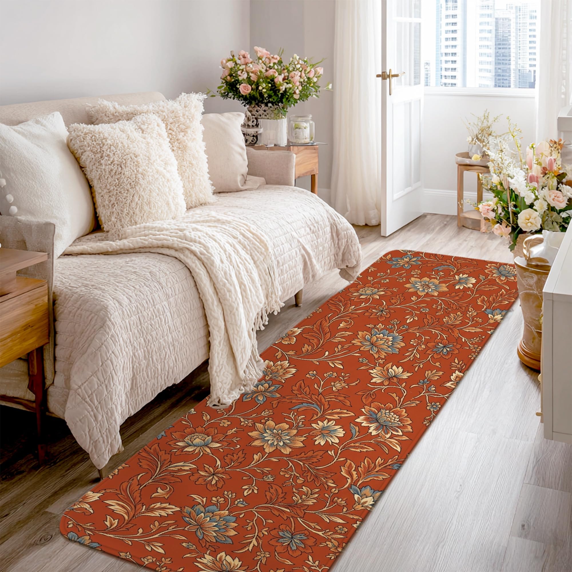 Alfombra antideslizante lavable para cocina y pasillo con estampado de hojas