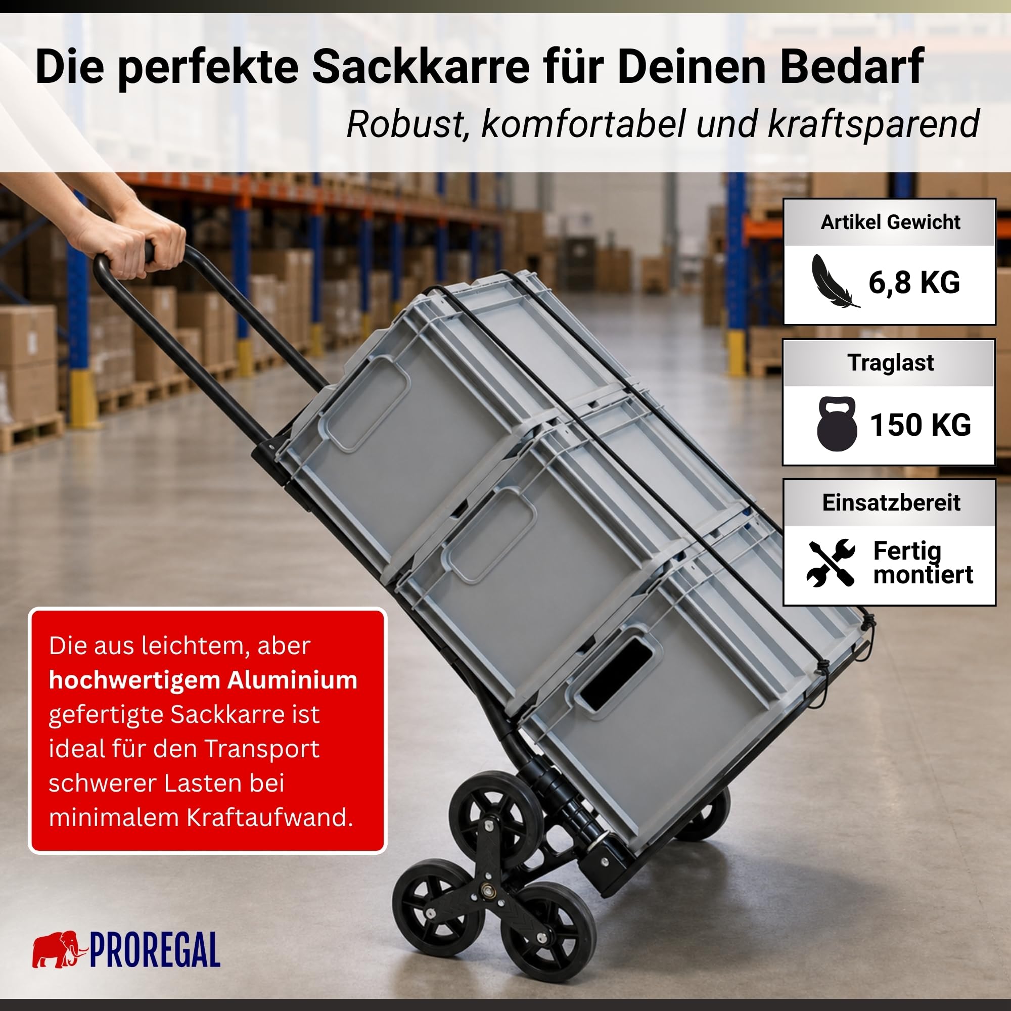 PROREGAL Klappbare Treppensackkarre Elephant | große Schaufel | Traglast 150kg | 6,8 kg leicht | Aluminium, Vollgummireifen Teleskopgriff 100 cm | Schwarz | Sackkarre Transportkarre für Treppen