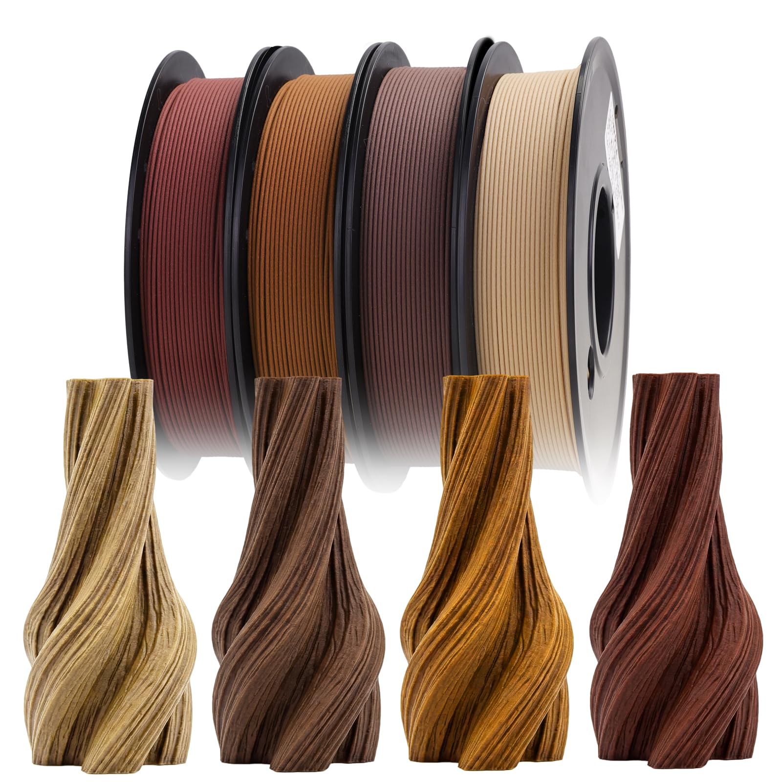 Wood PLA Filament Bundle 1.75mm Wood Filament Maple+Cherry+Walnut+Mahogany